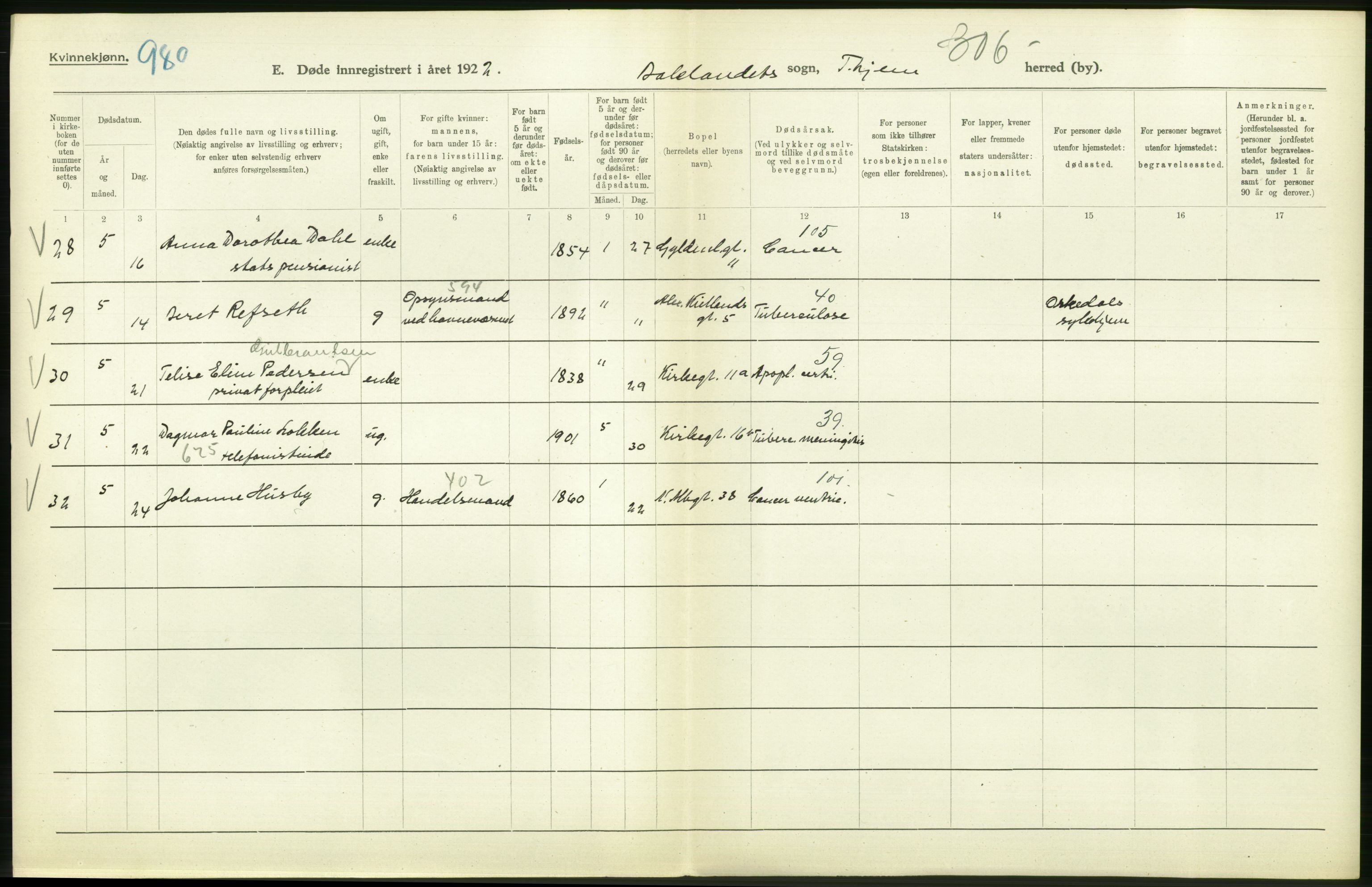 Statistisk sentralbyrå, Sosiodemografiske emner, Befolkning, AV/RA-S-2228/D/Df/Dfc/Dfcb/L0040: Trondheim: Gifte, døde, dødfødte., 1922, p. 242