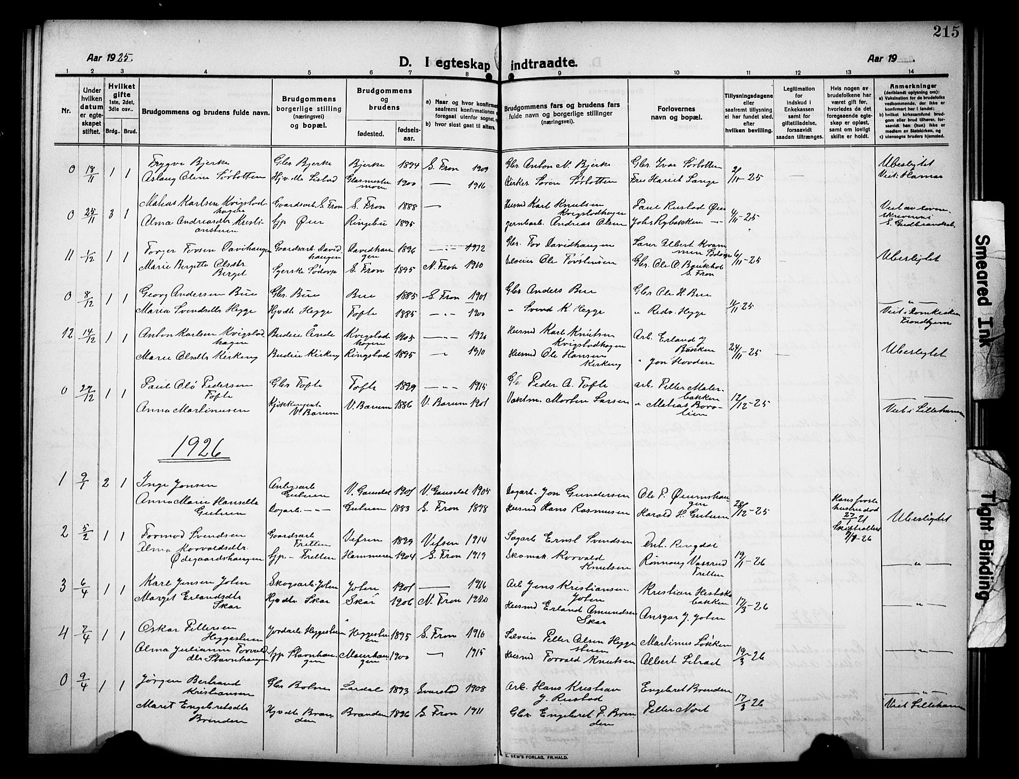 Sør-Fron prestekontor, AV/SAH-PREST-010/H/Ha/Hab/L0005: Parish register (copy) no. 5, 1912-1930, p. 215