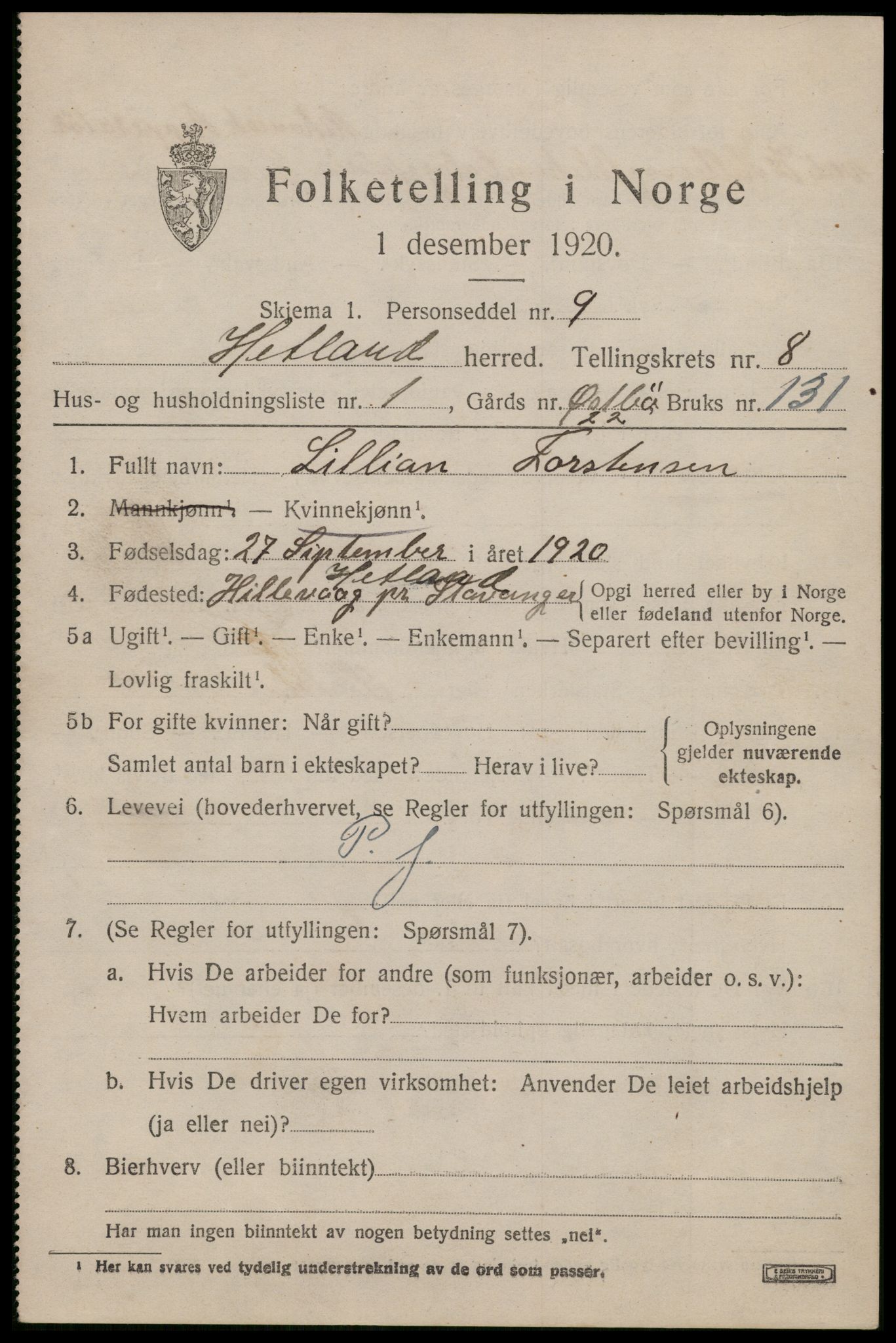 SAST, 1920 census for Hetland, 1920, p. 15459