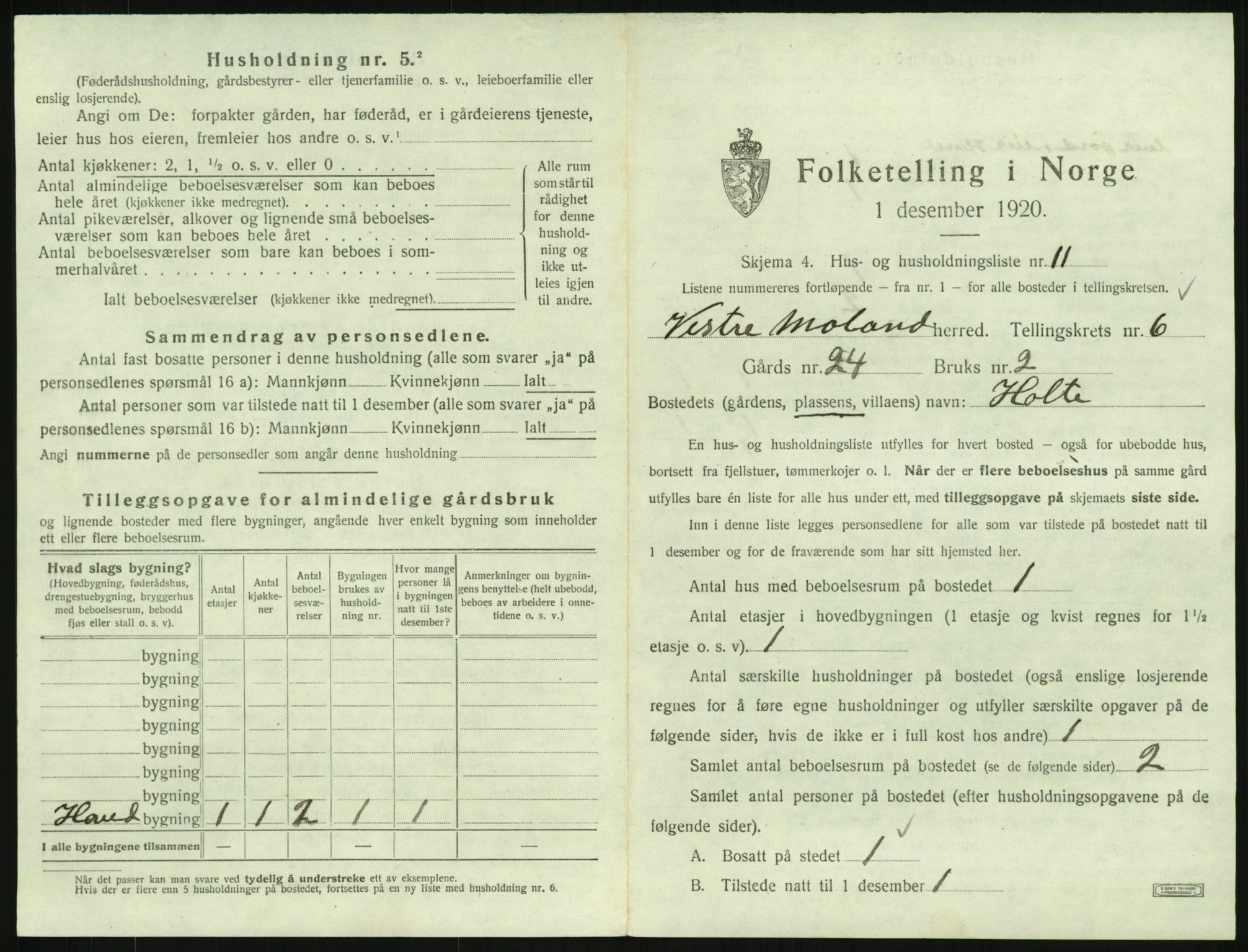 SAK, 1920 census for Vestre Moland, 1920, p. 839