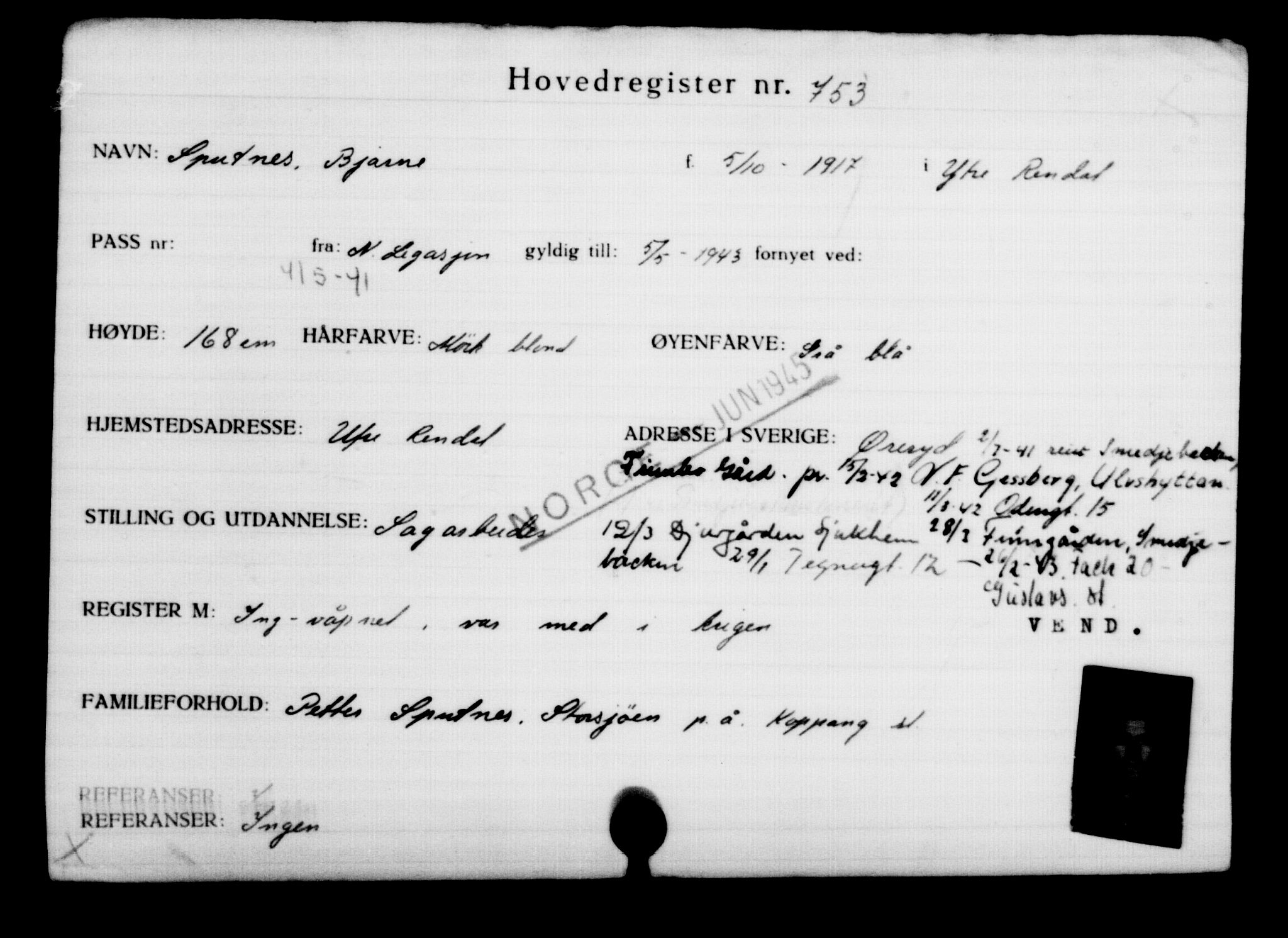 Utenriksstasjonene, Legasjonen i Stockholm, Flyktningkontoret, AV/RA-S-6753/V/Va/L0001: Kjesäterkartoteket, flyktninger med registreringsnr. 1-1000, 1940-1945, p. 1187