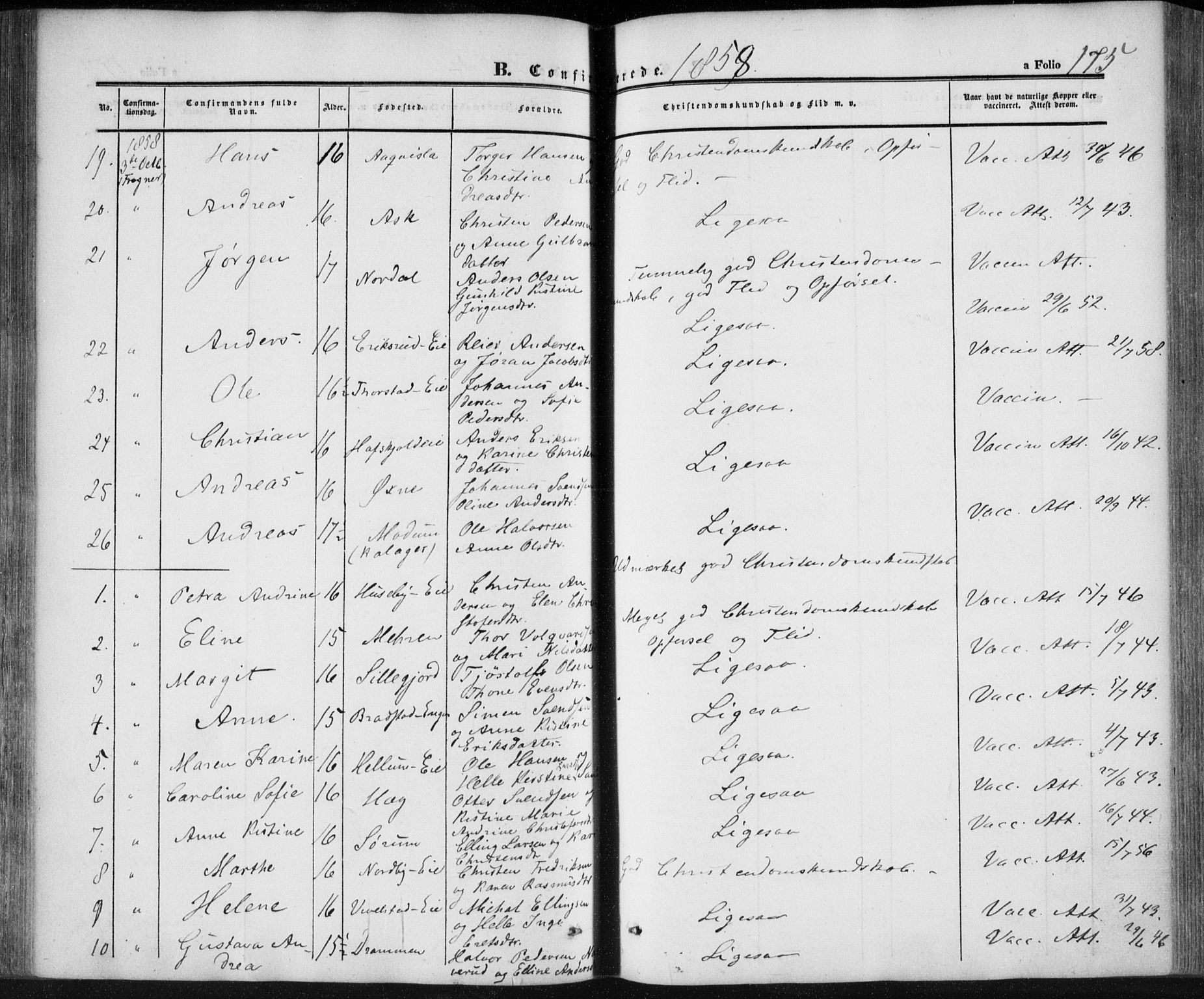 Lier kirkebøker, AV/SAKO-A-230/F/Fa/L0012: Parish register (official) no. I 12, 1854-1864, p. 175