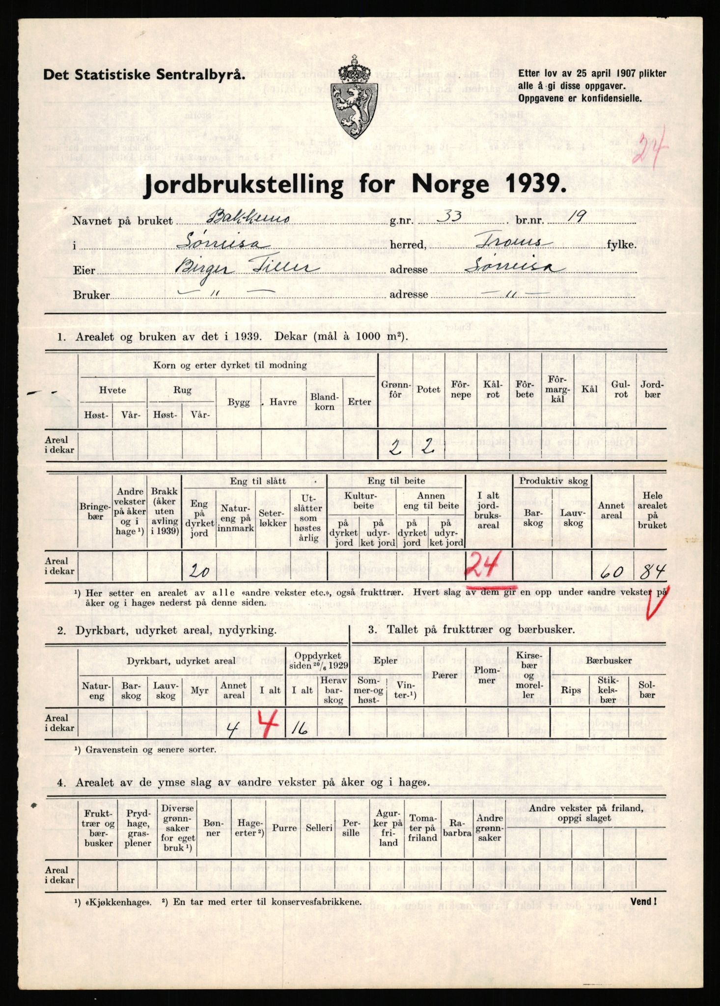 Statistisk sentralbyrå, Næringsøkonomiske emner, Jordbruk, skogbruk, jakt, fiske og fangst, AV/RA-S-2234/G/Gb/L0341: Troms: Sørreisa og Tranøy, 1939, p. 224