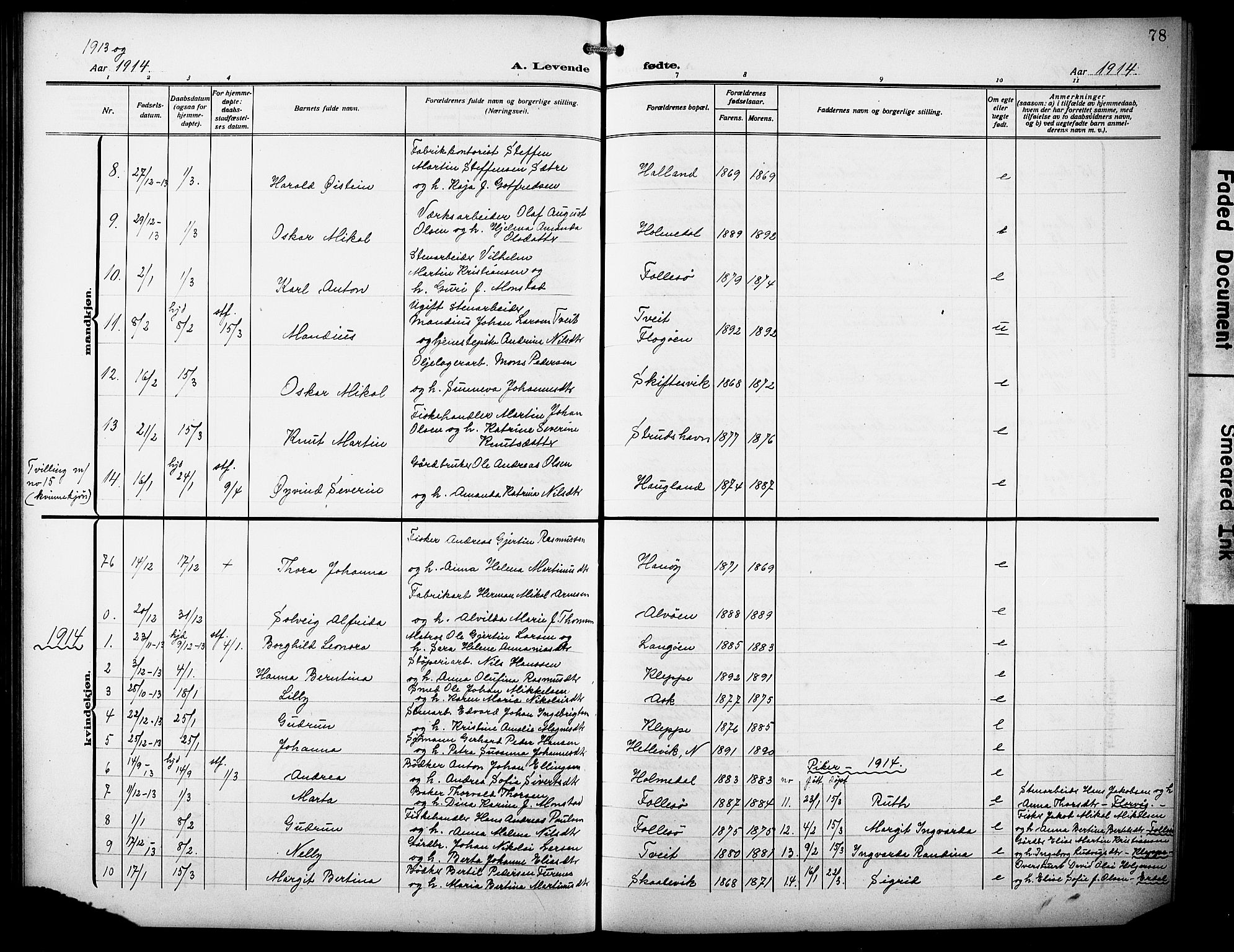 Askøy Sokneprestembete, SAB/A-74101/H/Ha/Hab/Haba/L0011: Parish register (copy) no. A 11, 1908-1931, p. 78