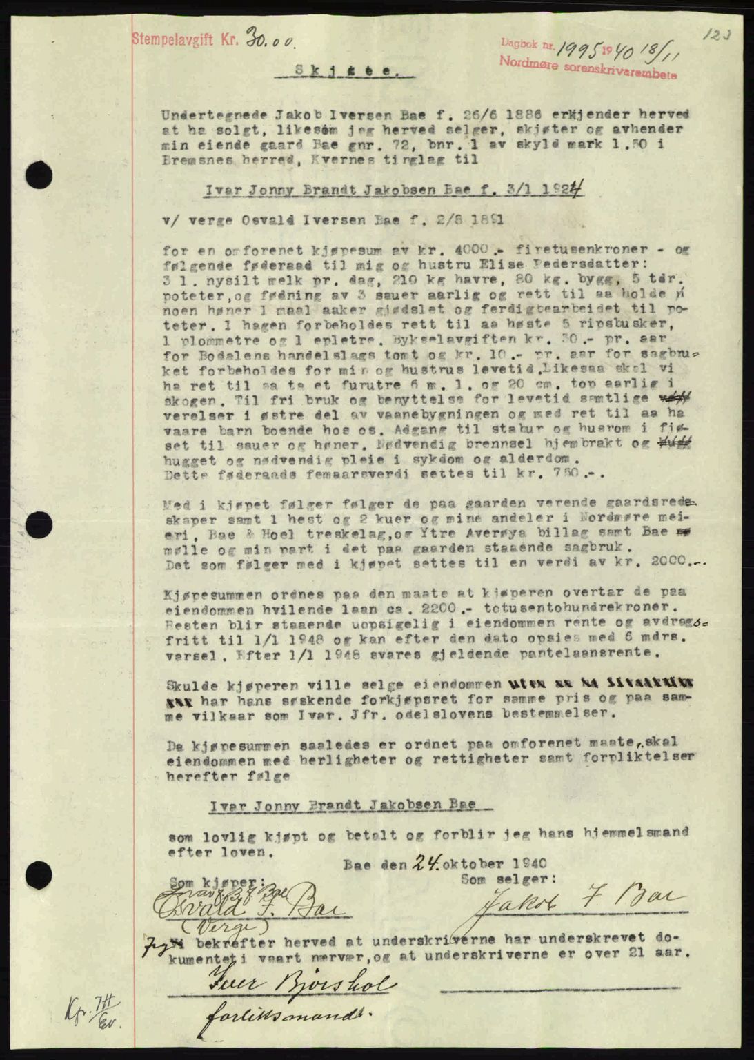 Nordmøre sorenskriveri, SAT/A-4132/1/2/2Ca: Mortgage book no. A89, 1940-1941, Diary no: : 1995/1940