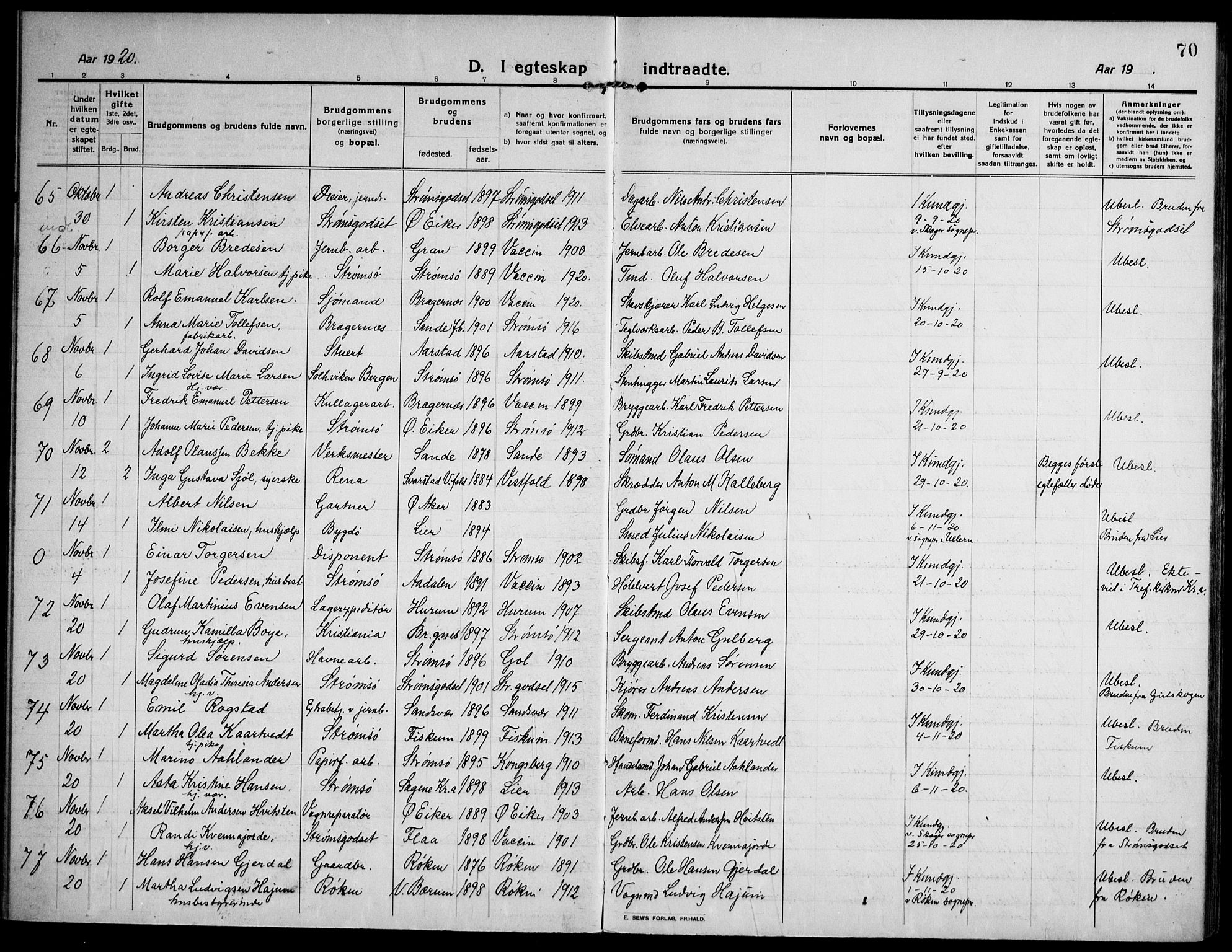 Strømsø kirkebøker, AV/SAKO-A-246/F/Fa/L0027: Parish register (official) no. I 28, 1912-1931, p. 70