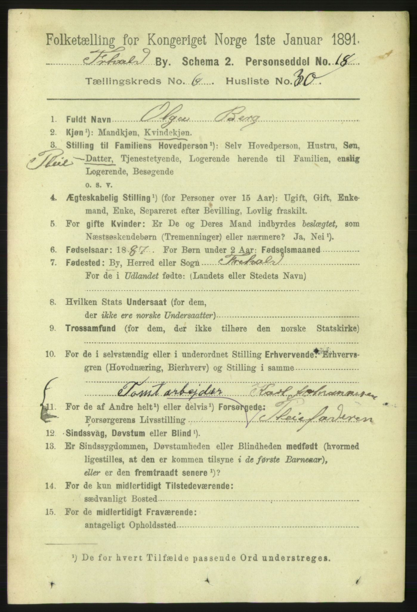 RA, 1891 census for 0101 Fredrikshald, 1891, p. 5020