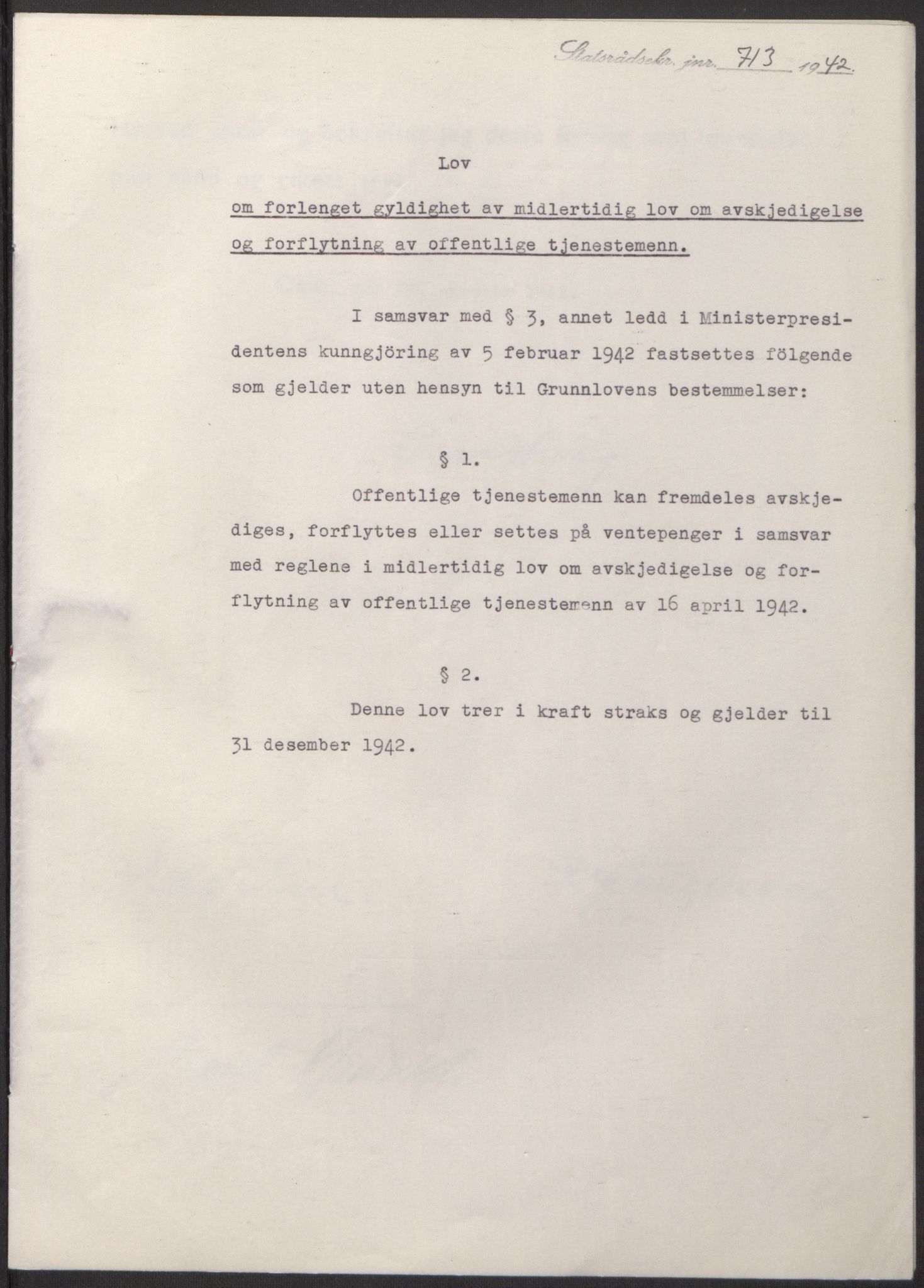 NS-administrasjonen 1940-1945 (Statsrådsekretariatet, de kommisariske statsråder mm), RA/S-4279/D/Db/L0098: Lover II, 1942, p. 415