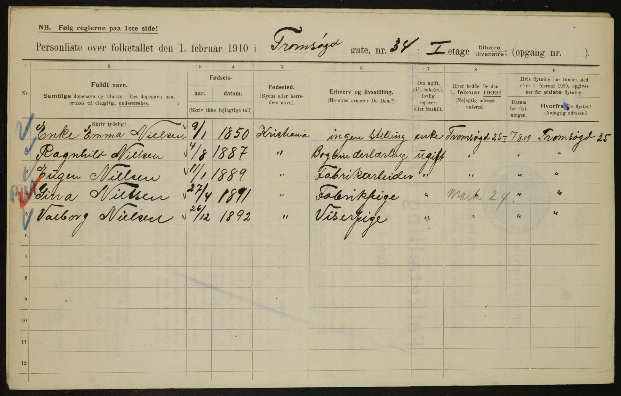 OBA, Municipal Census 1910 for Kristiania, 1910, p. 110077