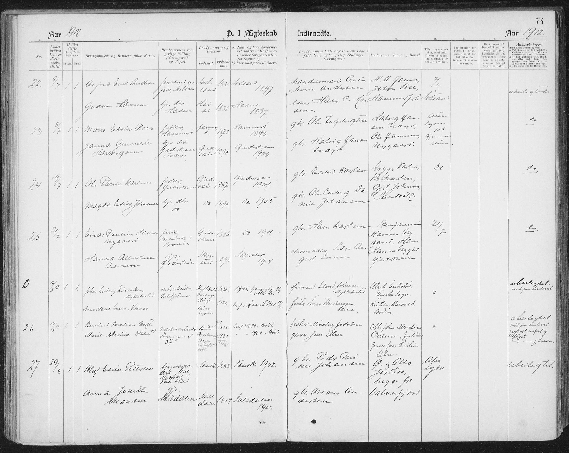 Ministerialprotokoller, klokkerbøker og fødselsregistre - Nordland, AV/SAT-A-1459/801/L0012: Parish register (official) no. 801A12, 1900-1916, p. 74