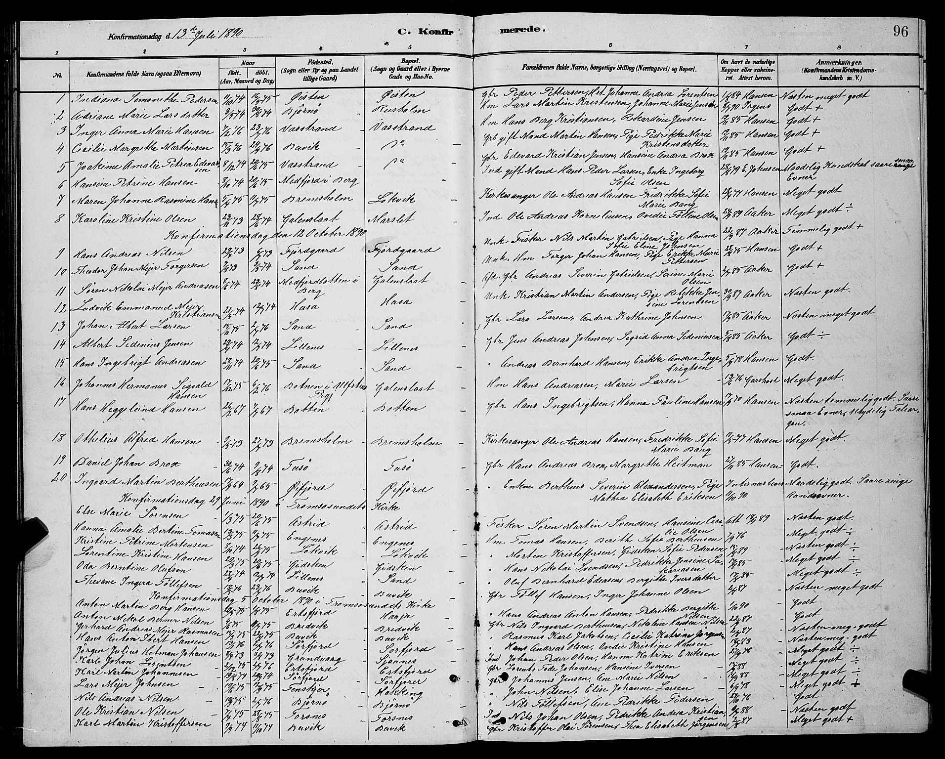 Lenvik sokneprestembete, AV/SATØ-S-1310/H/Ha/Hab/L0021klokker: Parish register (copy) no. 21, 1884-1900, p. 96