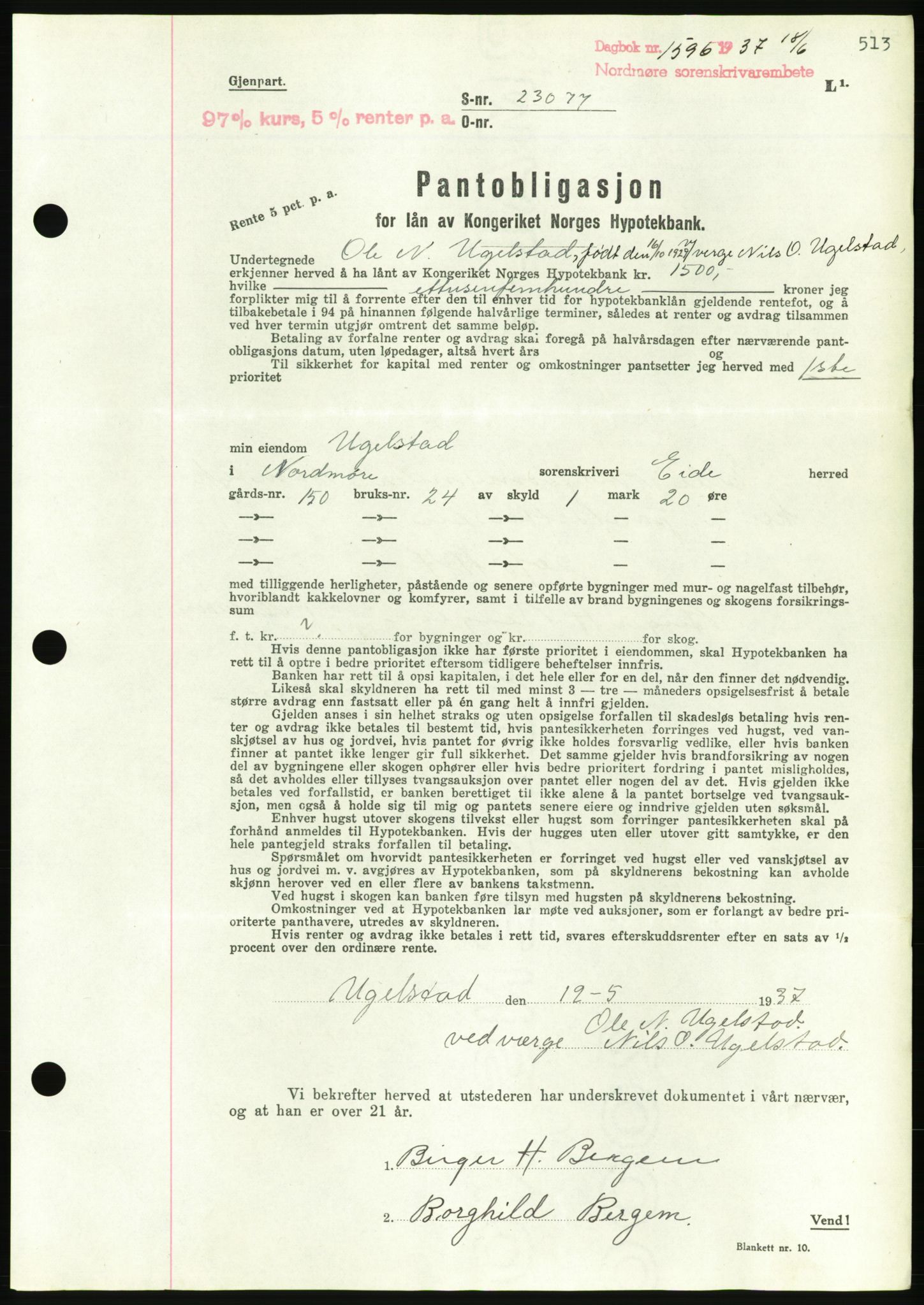 Nordmøre sorenskriveri, AV/SAT-A-4132/1/2/2Ca/L0091: Mortgage book no. B81, 1937-1937, Diary no: : 1596/1937