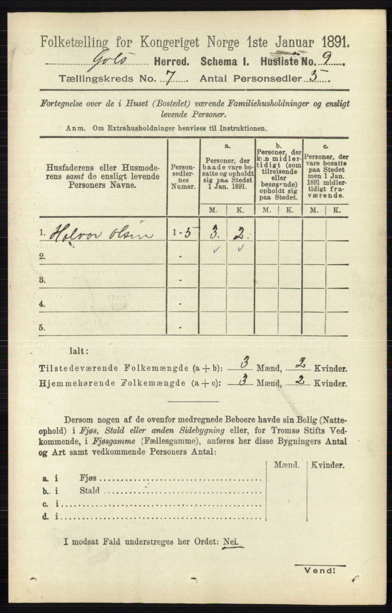 RA, 1891 census for 0617 Gol og Hemsedal, 1891, p. 2780