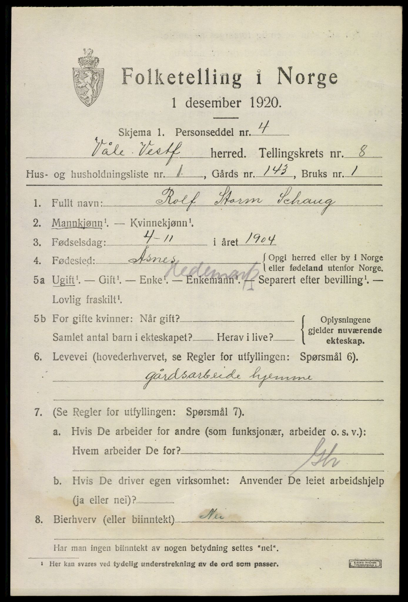 SAKO, 1920 census for Våle, 1920, p. 6166