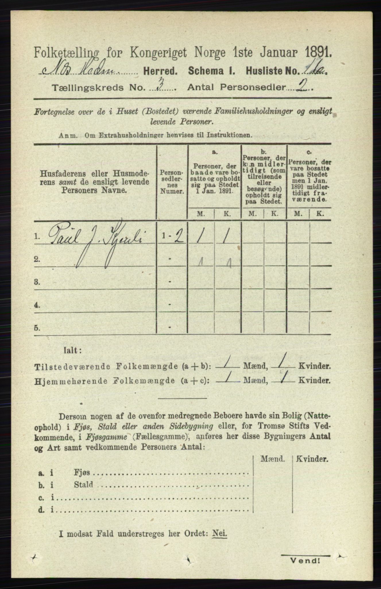 RA, 1891 census for 0411 Nes, 1891, p. 1536