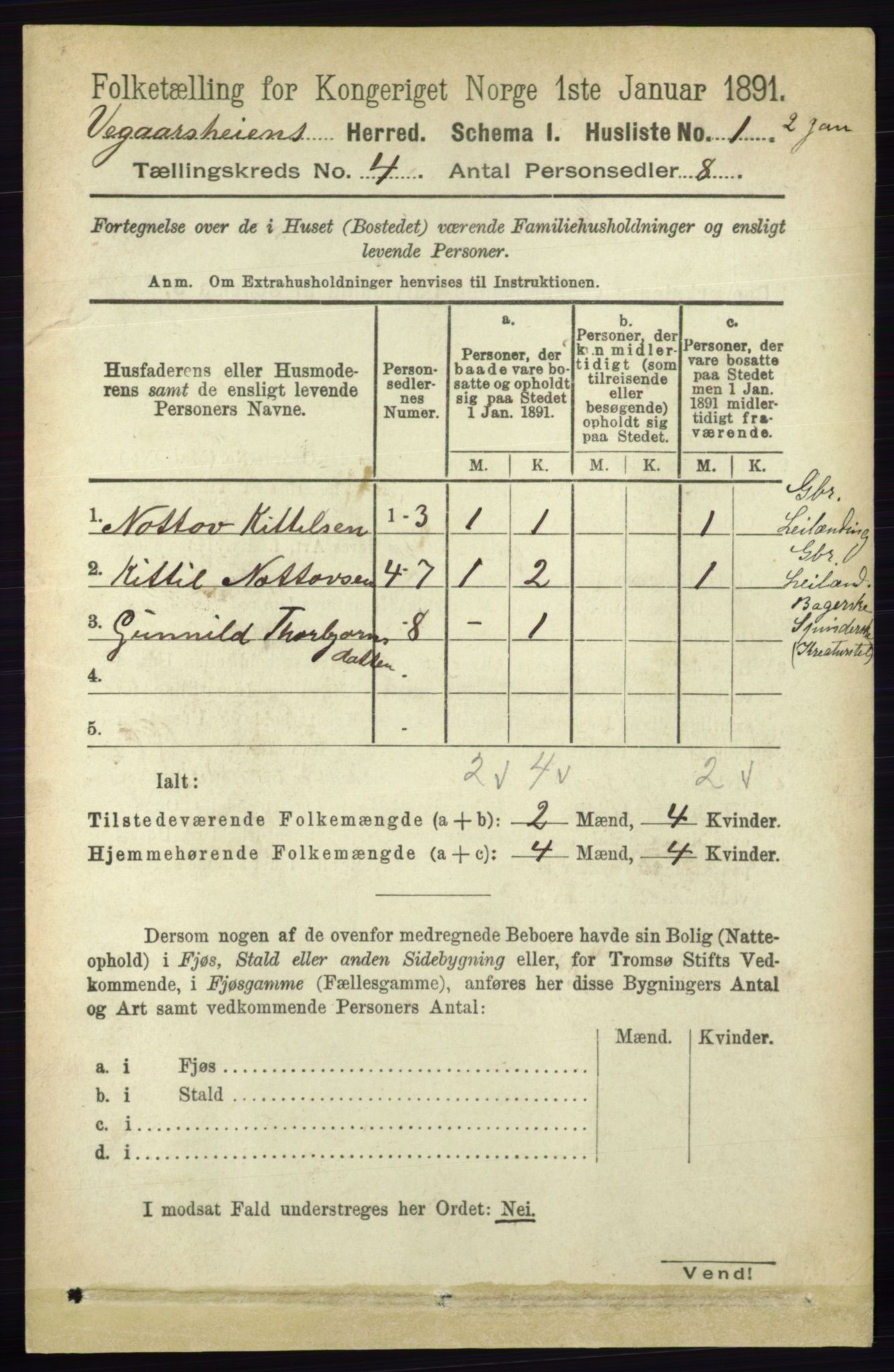RA, 1891 census for 0912 Vegårshei, 1891, p. 729
