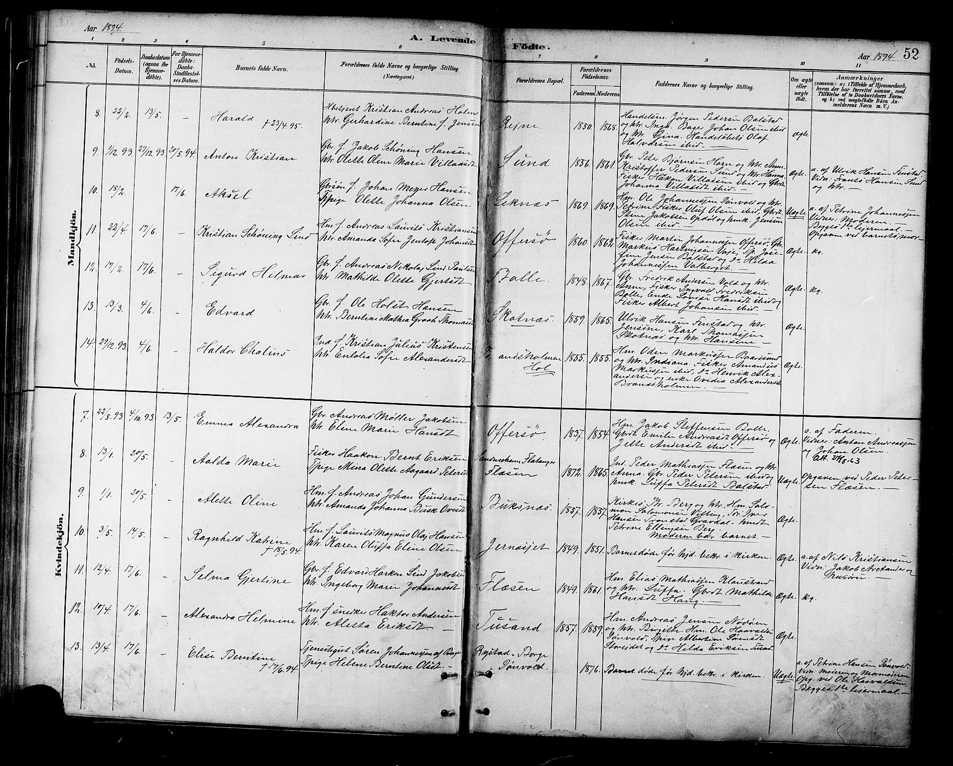 Ministerialprotokoller, klokkerbøker og fødselsregistre - Nordland, AV/SAT-A-1459/881/L1167: Parish register (copy) no. 881C04, 1886-1899, p. 52