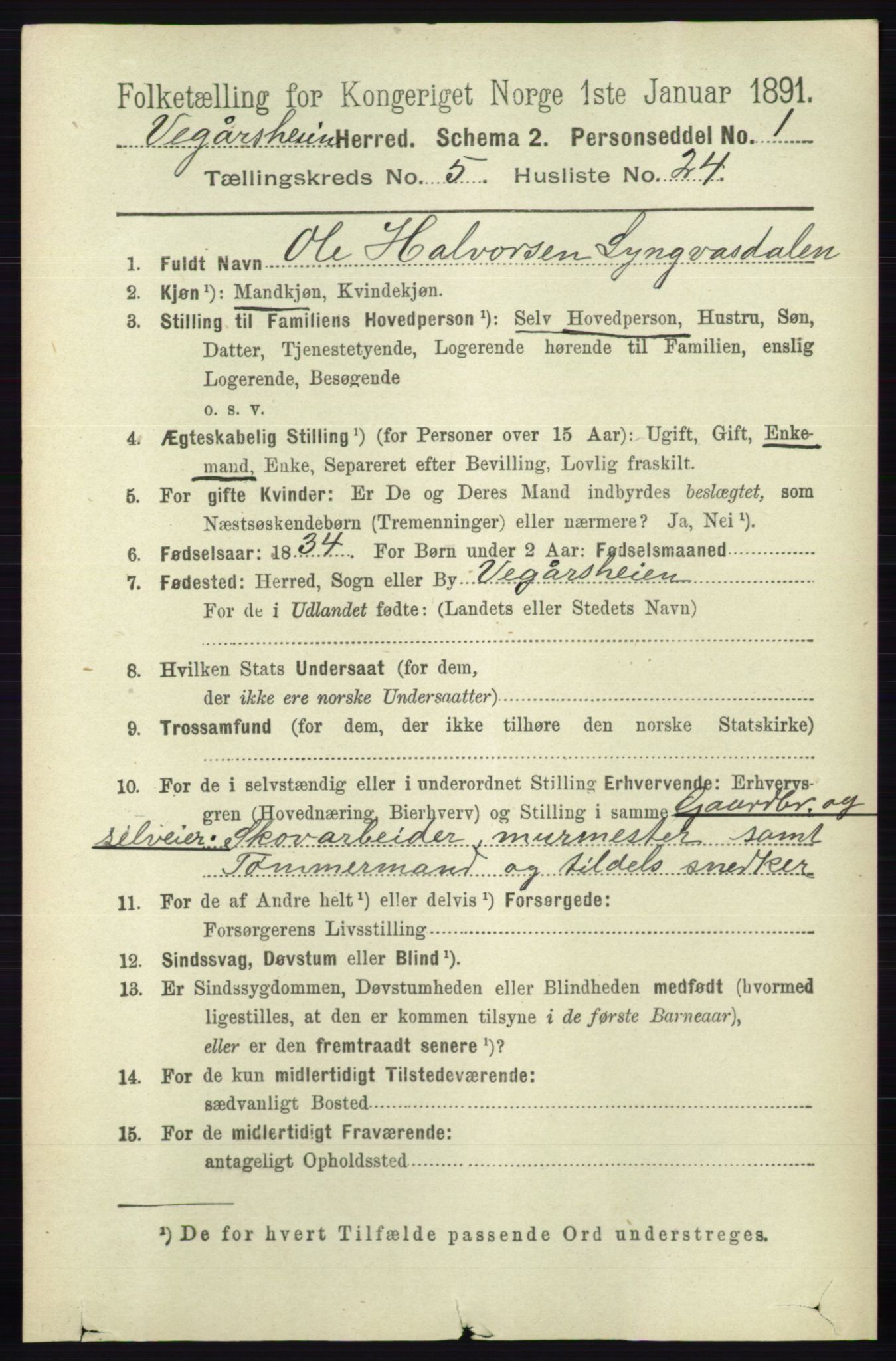 RA, 1891 census for 0912 Vegårshei, 1891, p. 1136