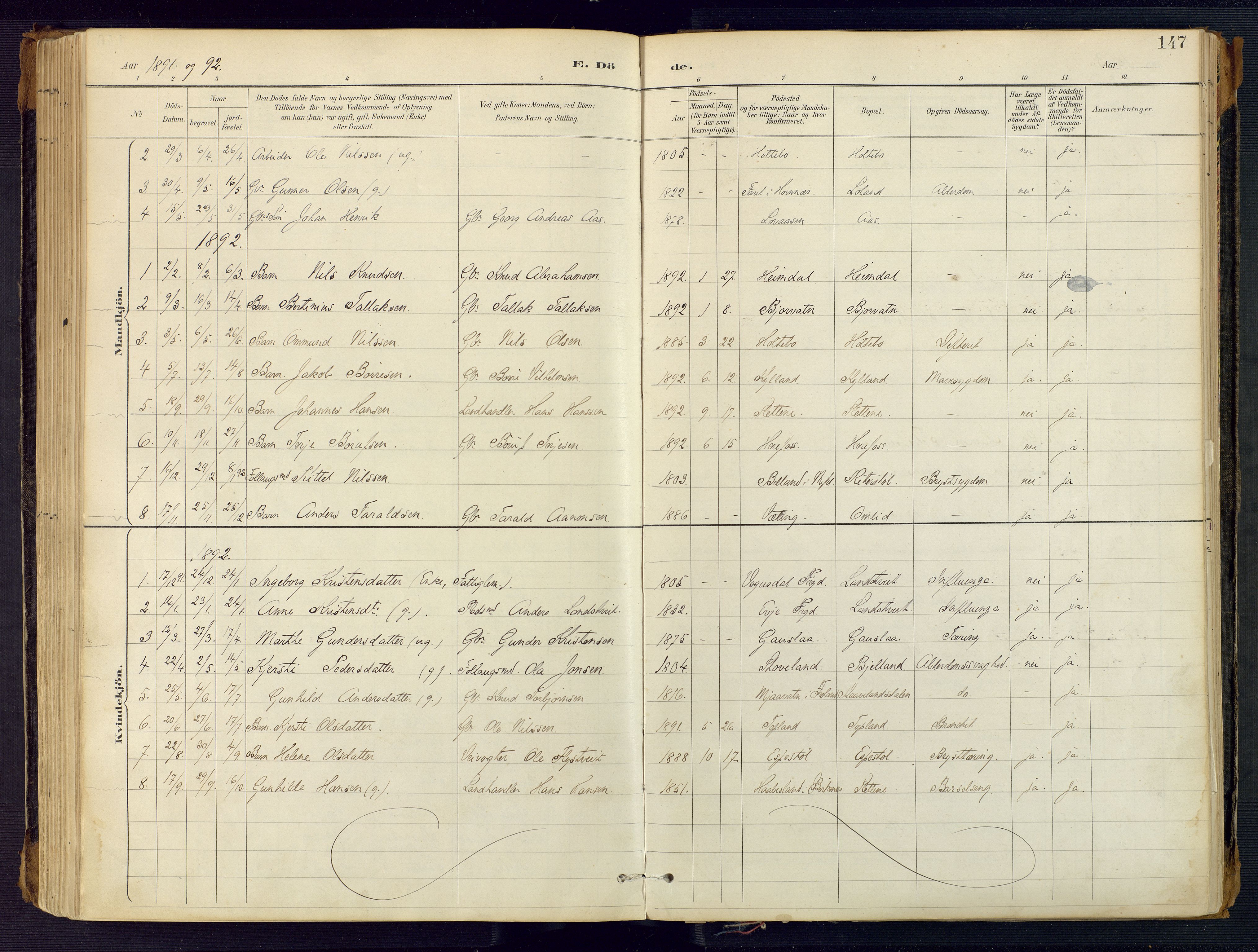 Herefoss sokneprestkontor, AV/SAK-1111-0019/F/Fa/Faa/L0003: Parish register (official) no. A 3, 1887-1930, p. 147