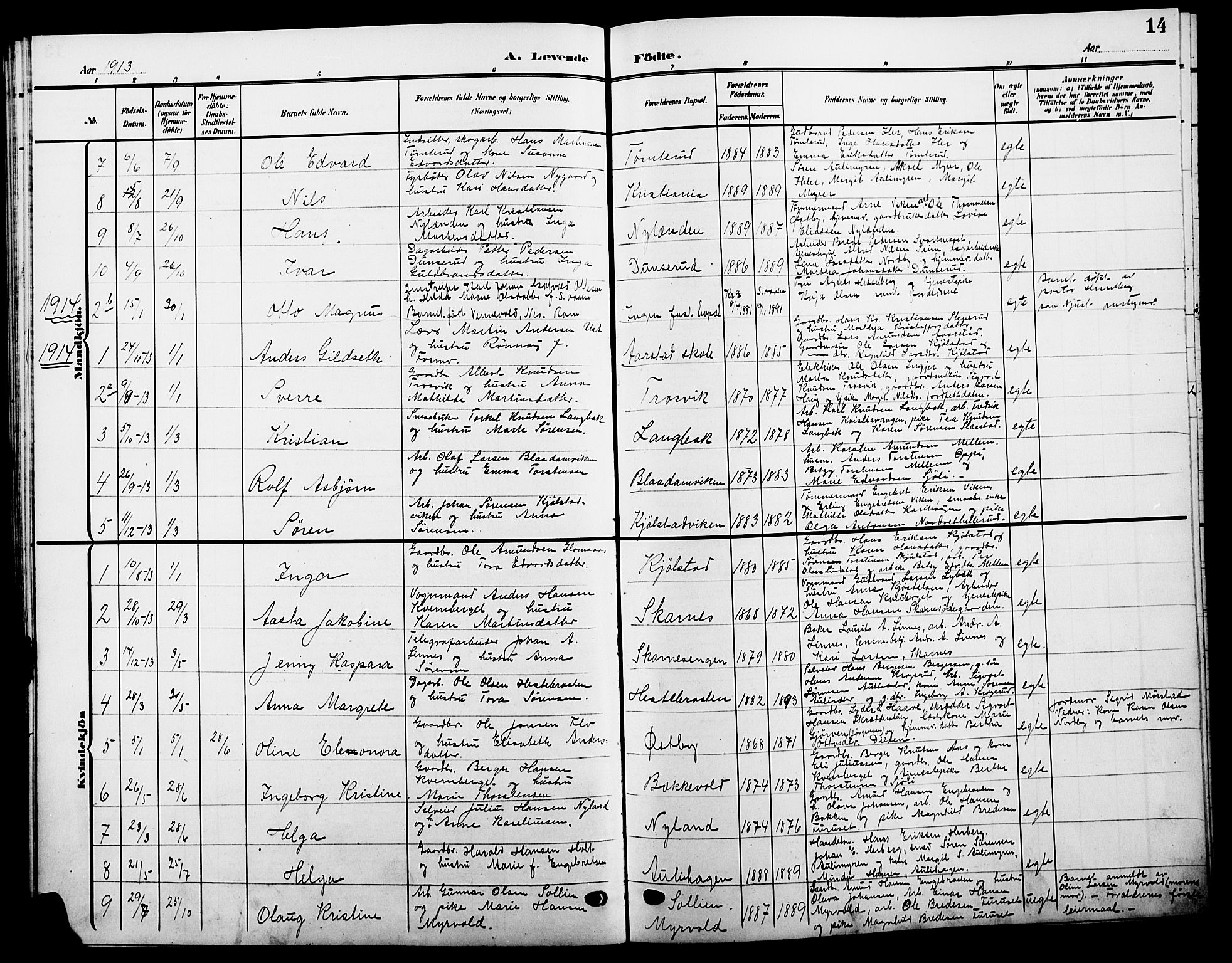 Sør-Odal prestekontor, AV/SAH-PREST-030/H/Ha/Hab/L0006: Parish register (copy) no. 6, 1906-1919, p. 14