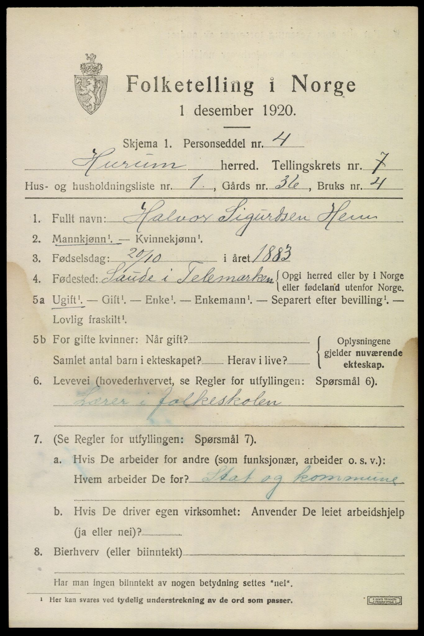 SAKO, 1920 census for Hurum, 1920, p. 8164