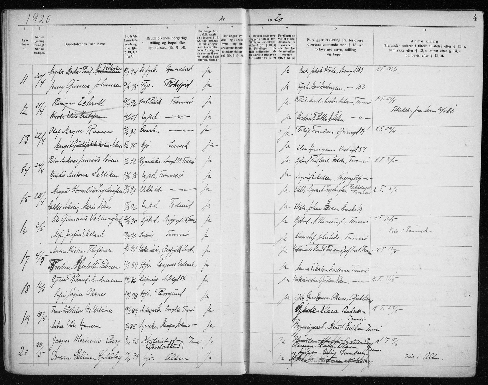 Tromsø sokneprestkontor/stiftsprosti/domprosti, AV/SATØ-S-1343/H/Hc/L0100: Banns register no. 100, 1919-1933, p. 4