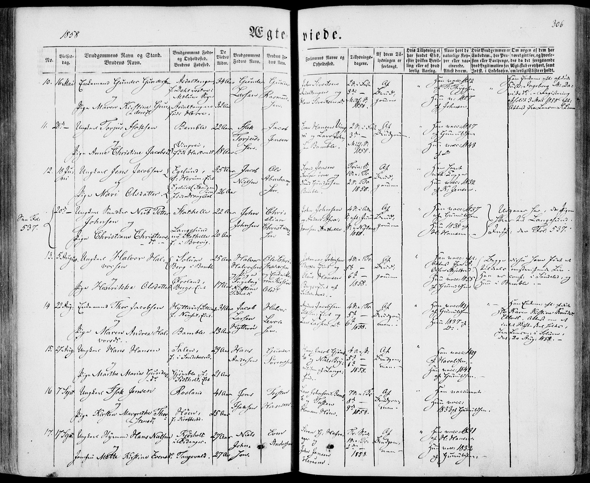 Bamble kirkebøker, AV/SAKO-A-253/F/Fa/L0005: Parish register (official) no. I 5, 1854-1869, p. 306
