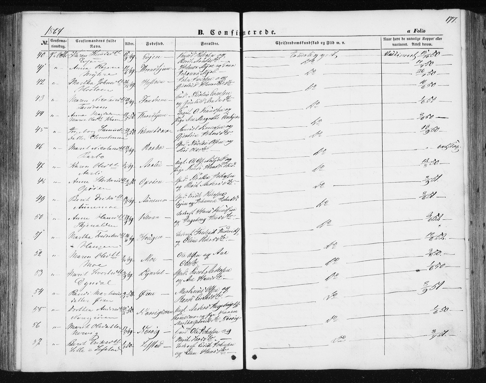 Ministerialprotokoller, klokkerbøker og fødselsregistre - Sør-Trøndelag, AV/SAT-A-1456/668/L0806: Parish register (official) no. 668A06, 1854-1869, p. 177