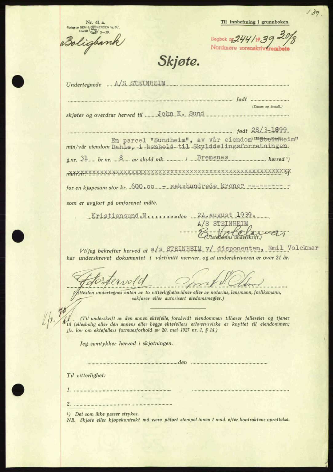 Nordmøre sorenskriveri, AV/SAT-A-4132/1/2/2Ca: Mortgage book no. A87, 1939-1940, Diary no: : 2441/1939