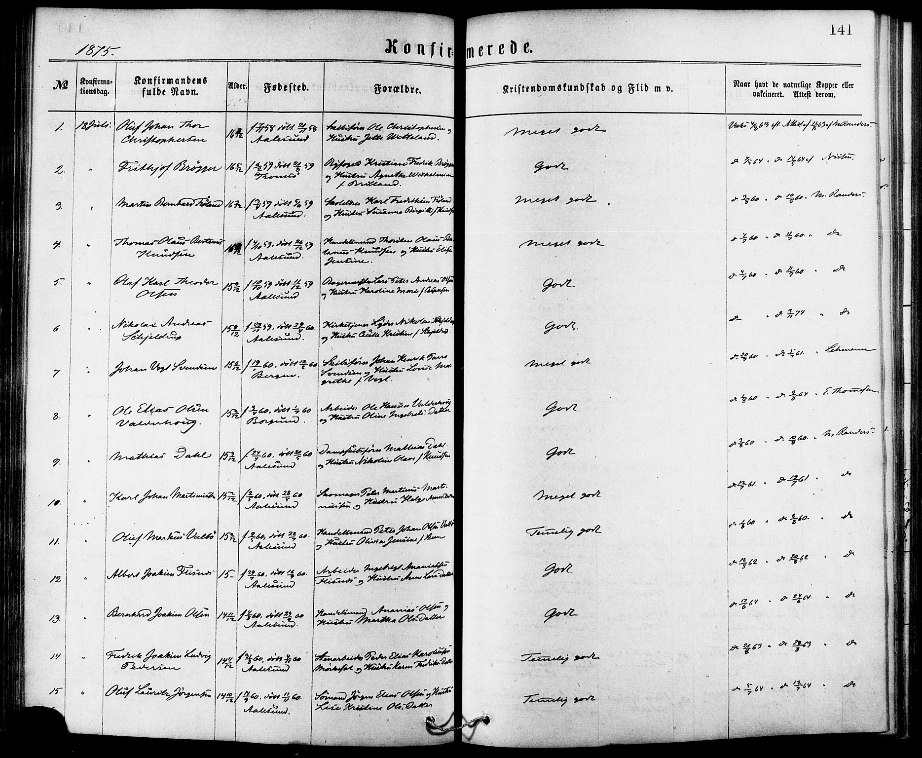 Ministerialprotokoller, klokkerbøker og fødselsregistre - Møre og Romsdal, AV/SAT-A-1454/529/L0453: Parish register (official) no. 529A03, 1872-1877, p. 141