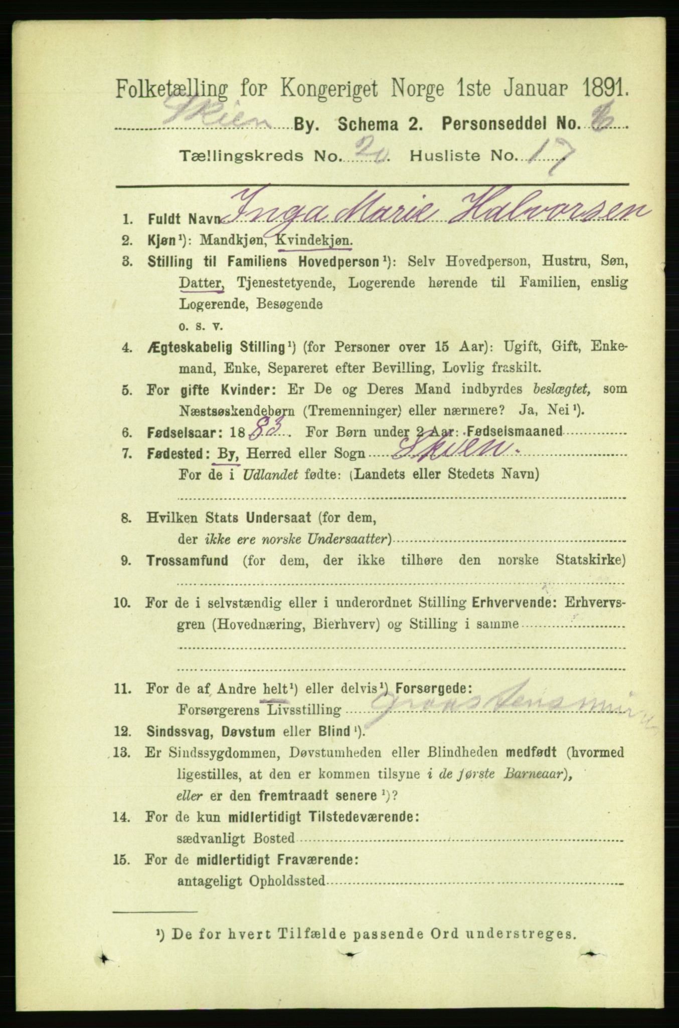 RA, 1891 census for 0806 Skien, 1891, p. 5309