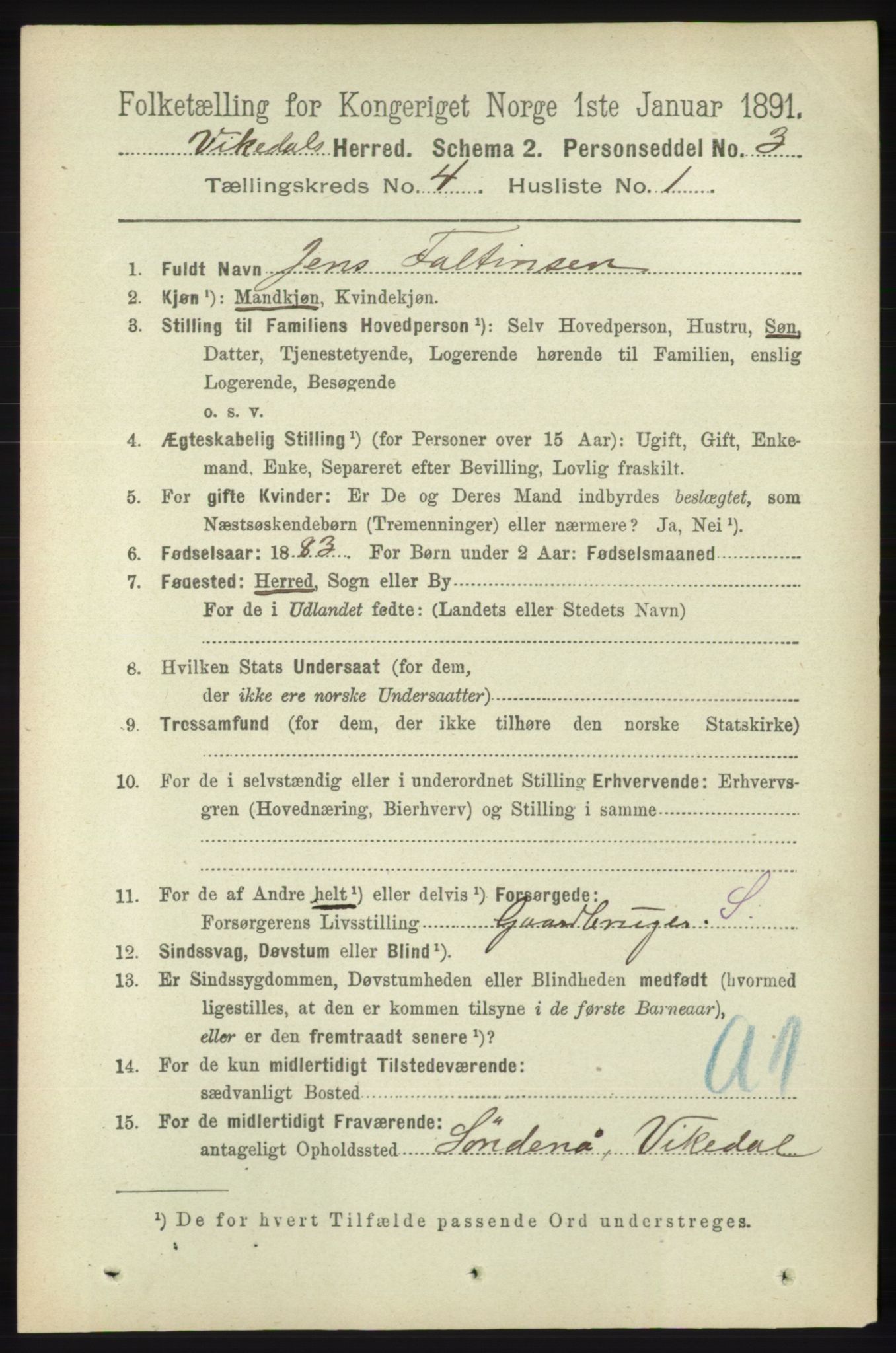 RA, 1891 census for 1157 Vikedal, 1891, p. 932