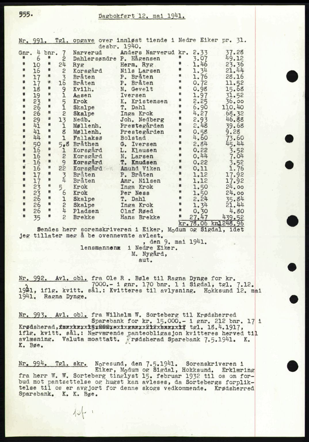 Eiker, Modum og Sigdal sorenskriveri, SAKO/A-123/G/Ga/Gab/L0043: Mortgage book no. A13, 1940-1941, Diary no: : 992/1941