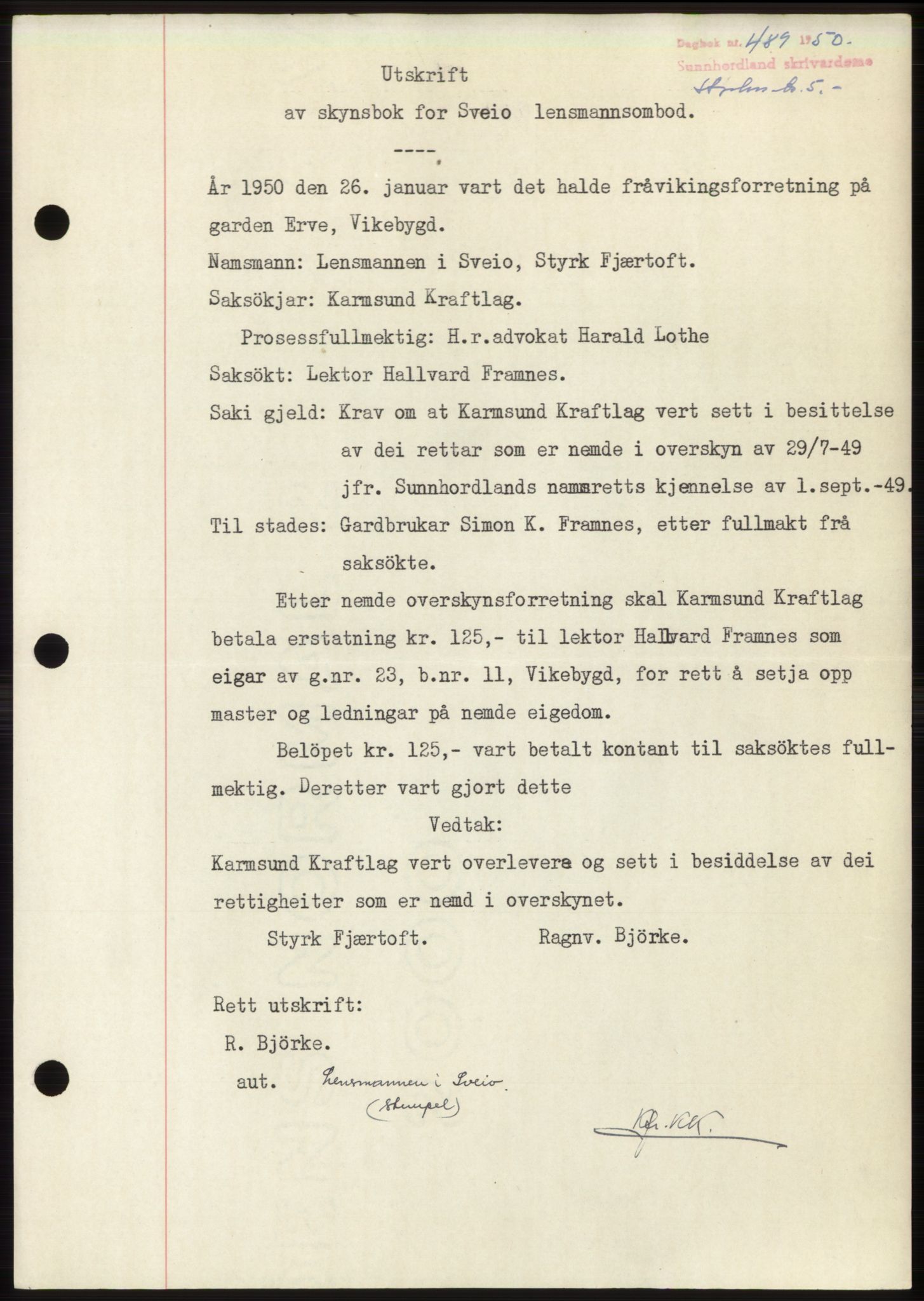Sunnhordland sorenskrivar, AV/SAB-A-2401: Mortgage book no. B75-79, 1948-1950, Diary no: : 489/1950