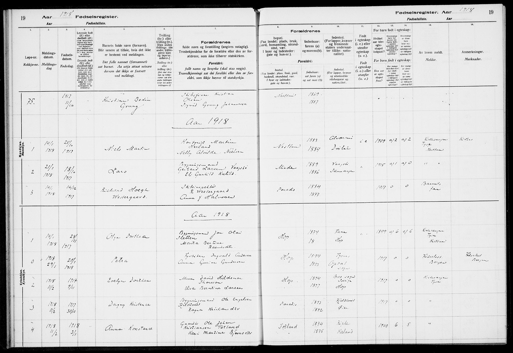 Birkeland Sokneprestembete, AV/SAB-A-74601/I/Id/L00A1: Birth register no. A 1, 1916-1926, p. 19