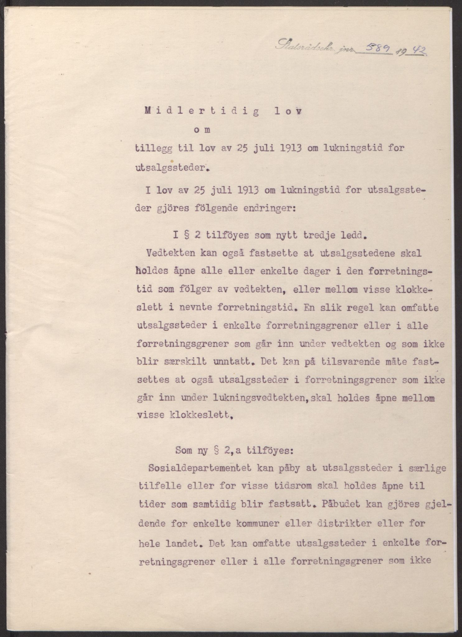 NS-administrasjonen 1940-1945 (Statsrådsekretariatet, de kommisariske statsråder mm), AV/RA-S-4279/D/Db/L0098: Lover II, 1942, p. 143