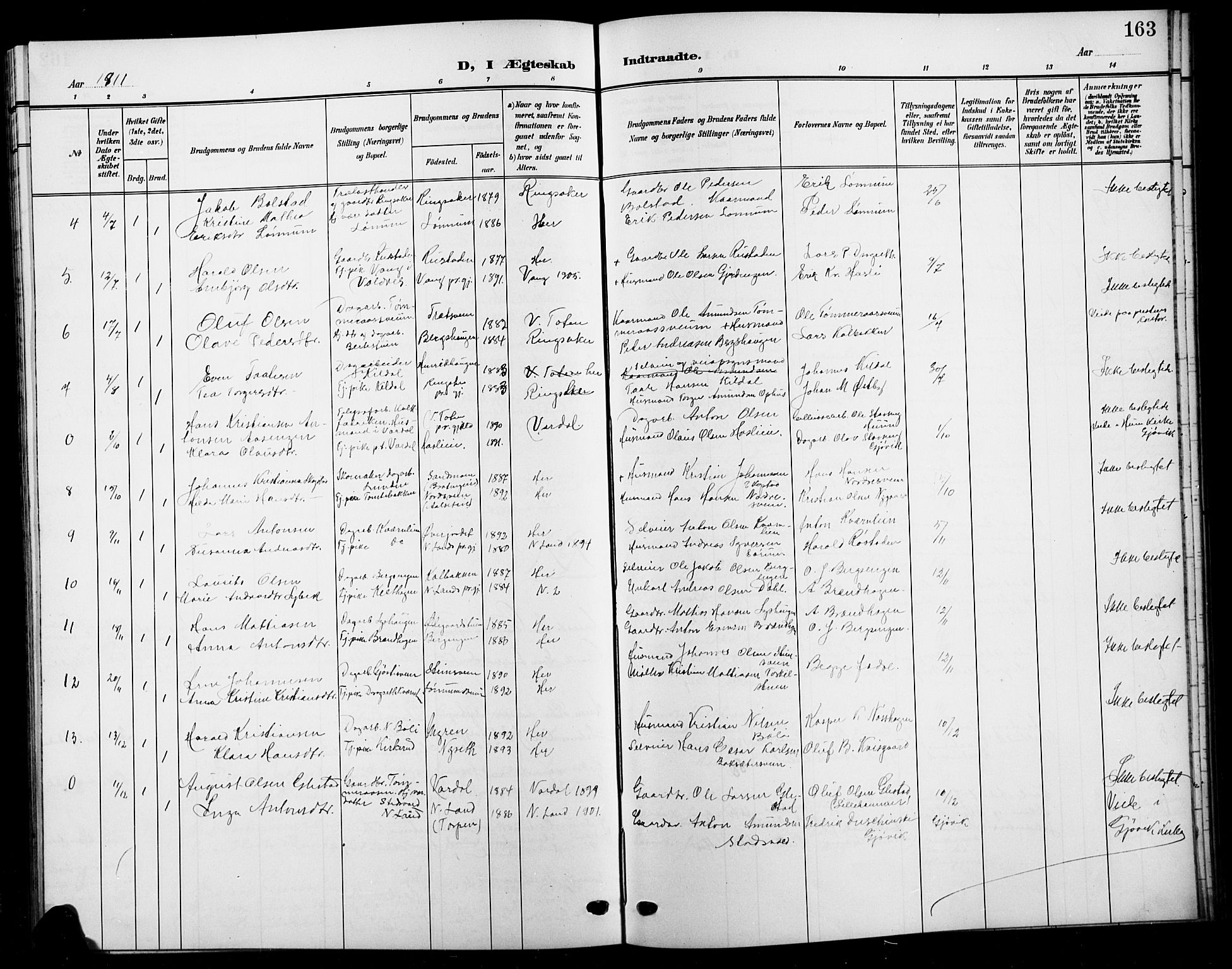 Biri prestekontor, SAH/PREST-096/H/Ha/Hab/L0005: Parish register (copy) no. 5, 1906-1919, p. 163