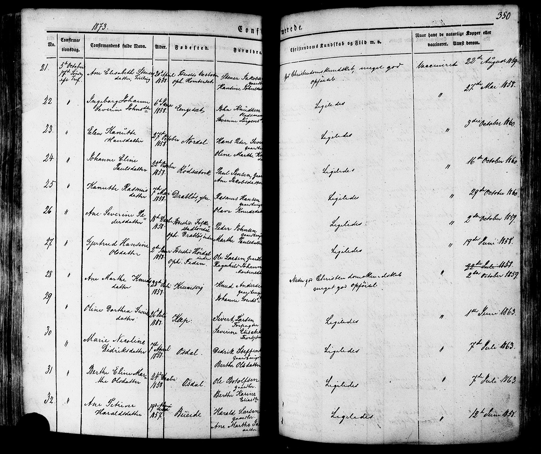 Ministerialprotokoller, klokkerbøker og fødselsregistre - Møre og Romsdal, SAT/A-1454/511/L0140: Parish register (official) no. 511A07, 1851-1878, p. 350