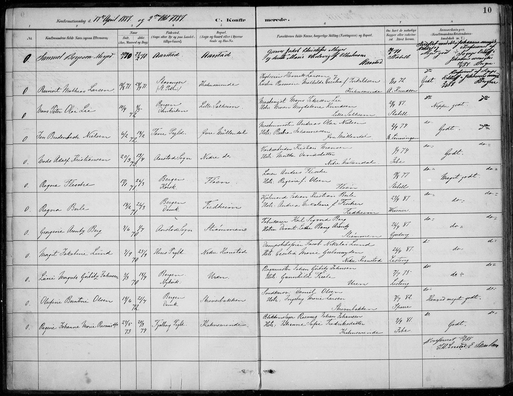 Årstad Sokneprestembete, AV/SAB-A-79301/H/Haa/L0006: Parish register (official) no. B 1, 1886-1901, p. 10