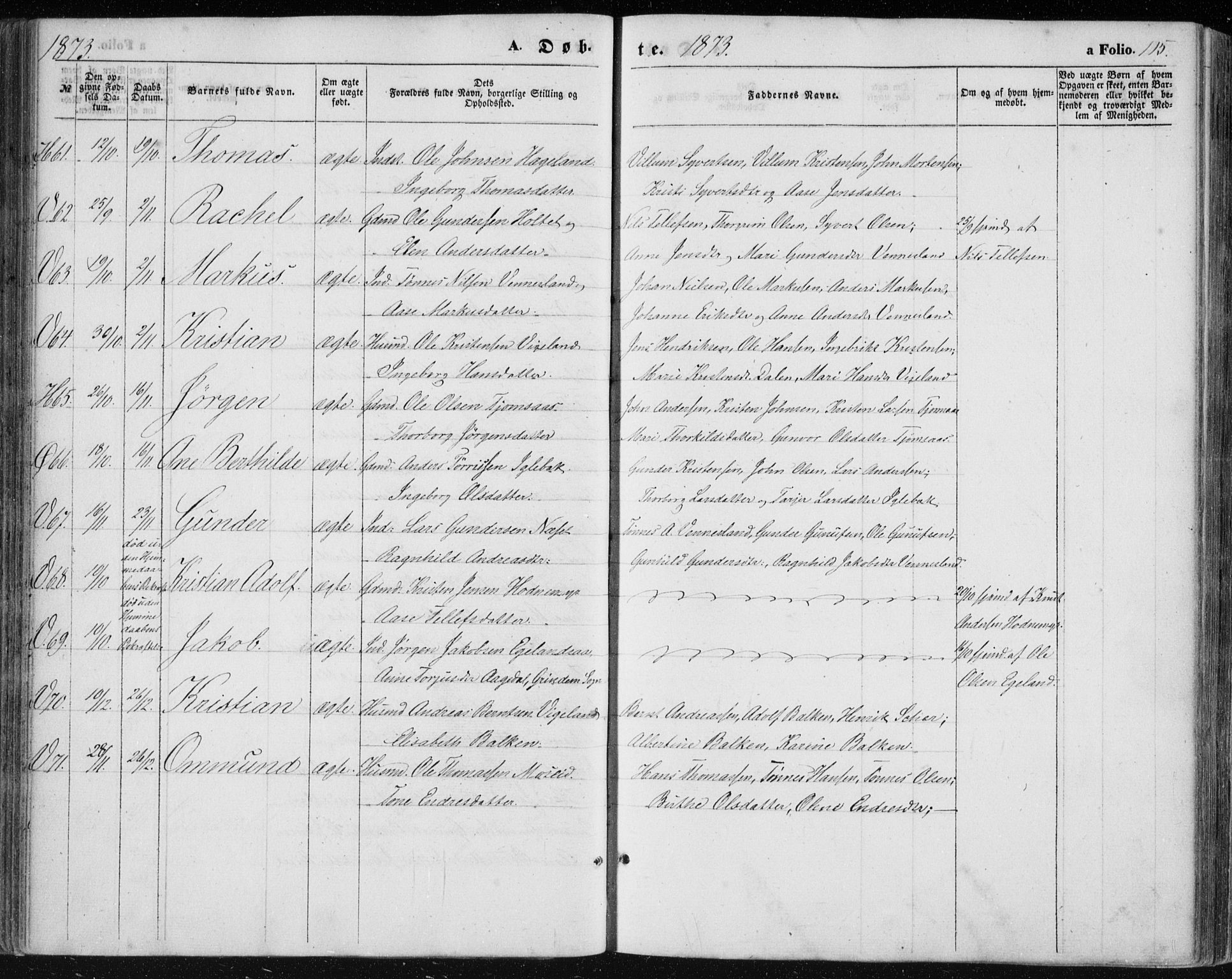 Vennesla sokneprestkontor, AV/SAK-1111-0045/Fa/Fac/L0007: Parish register (official) no. A 7, 1855-1873, p. 115