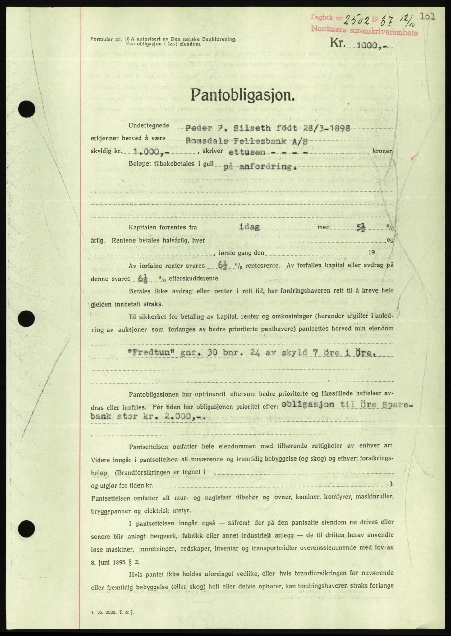 Nordmøre sorenskriveri, AV/SAT-A-4132/1/2/2Ca/L0092: Mortgage book no. B82, 1937-1938, Diary no: : 2502/1937