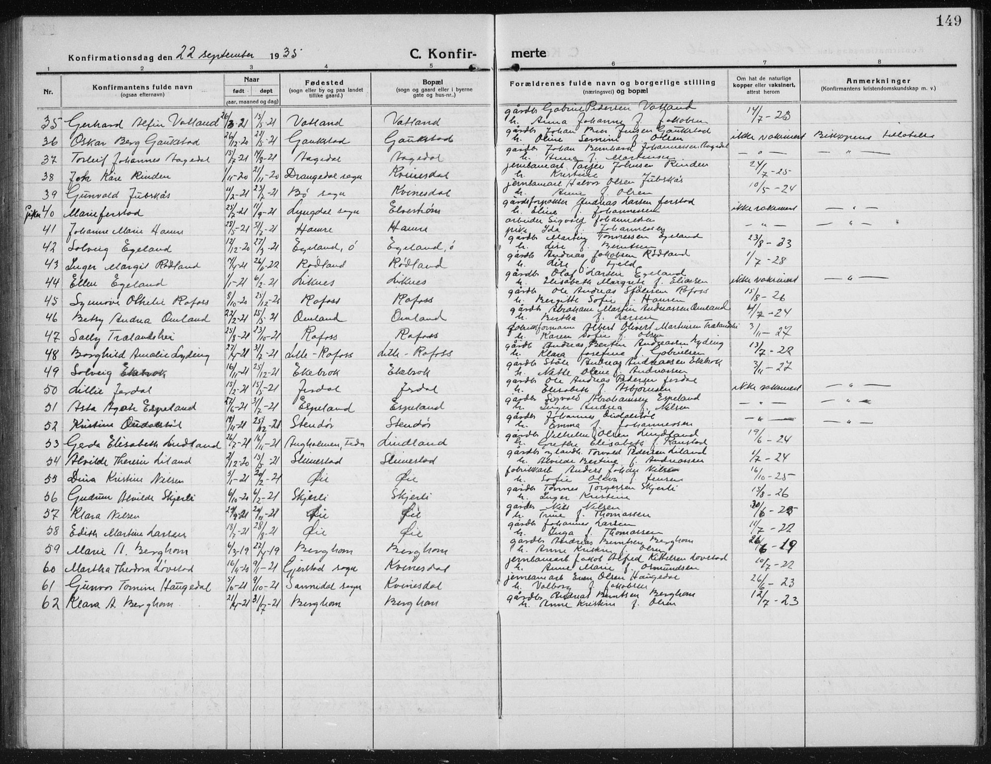 Kvinesdal sokneprestkontor, SAK/1111-0026/F/Fb/Fbb/L0004: Parish register (copy) no. B 4, 1917-1938, p. 149
