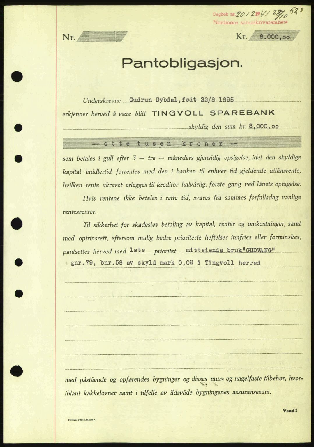 Nordmøre sorenskriveri, AV/SAT-A-4132/1/2/2Ca: Mortgage book no. B88, 1941-1942, Diary no: : 2012/1941