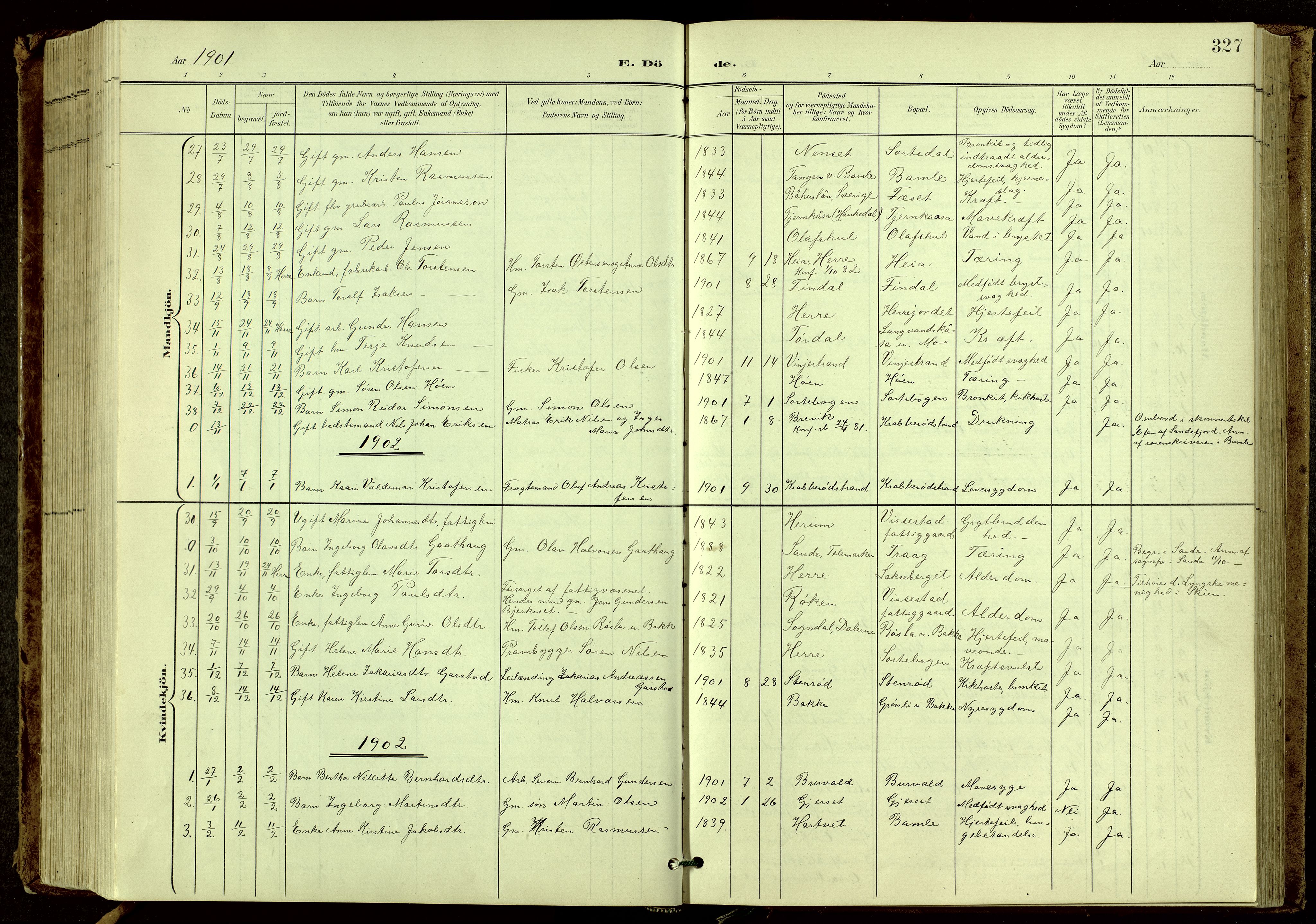 Bamble kirkebøker, SAKO/A-253/G/Ga/L0010: Parish register (copy) no. I 10, 1901-1919, p. 327