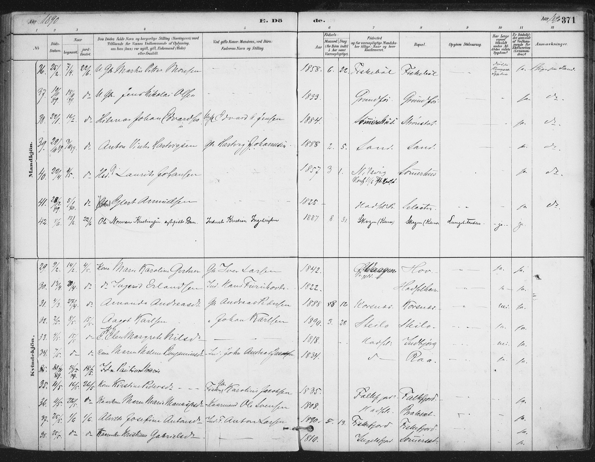 Ministerialprotokoller, klokkerbøker og fødselsregistre - Nordland, AV/SAT-A-1459/888/L1244: Parish register (official) no. 888A10, 1880-1890, p. 371