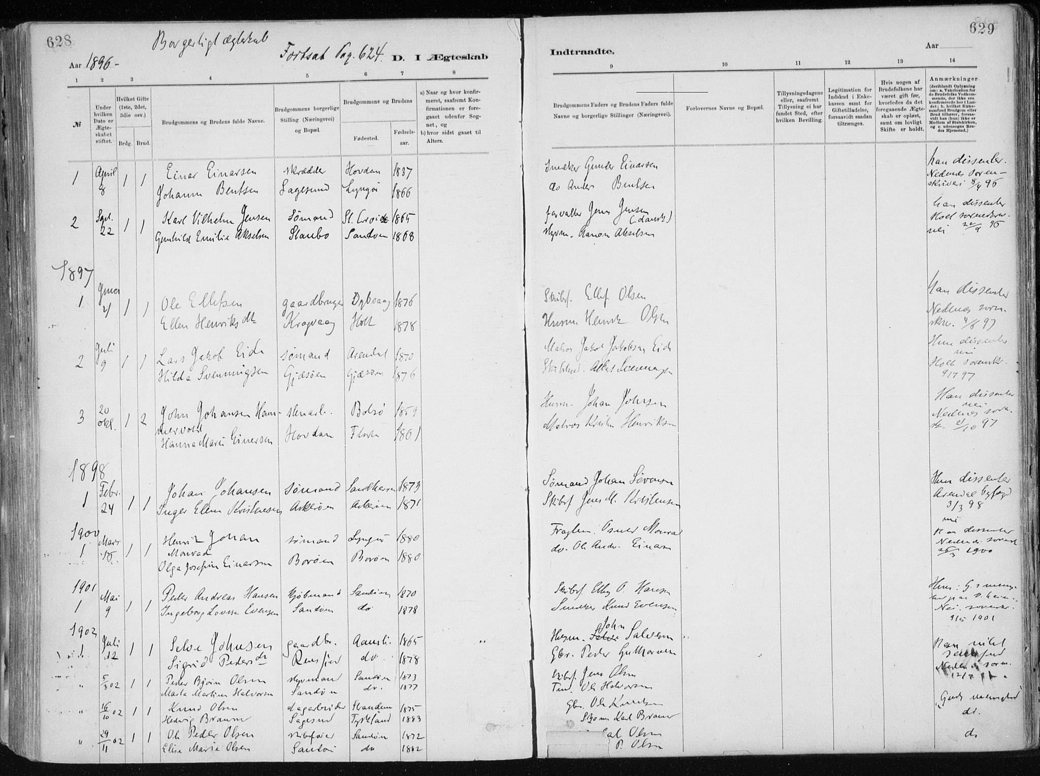 Dypvåg sokneprestkontor, SAK/1111-0007/F/Fa/Faa/L0008: Parish register (official) no. A 8, 1885-1906, p. 628-629