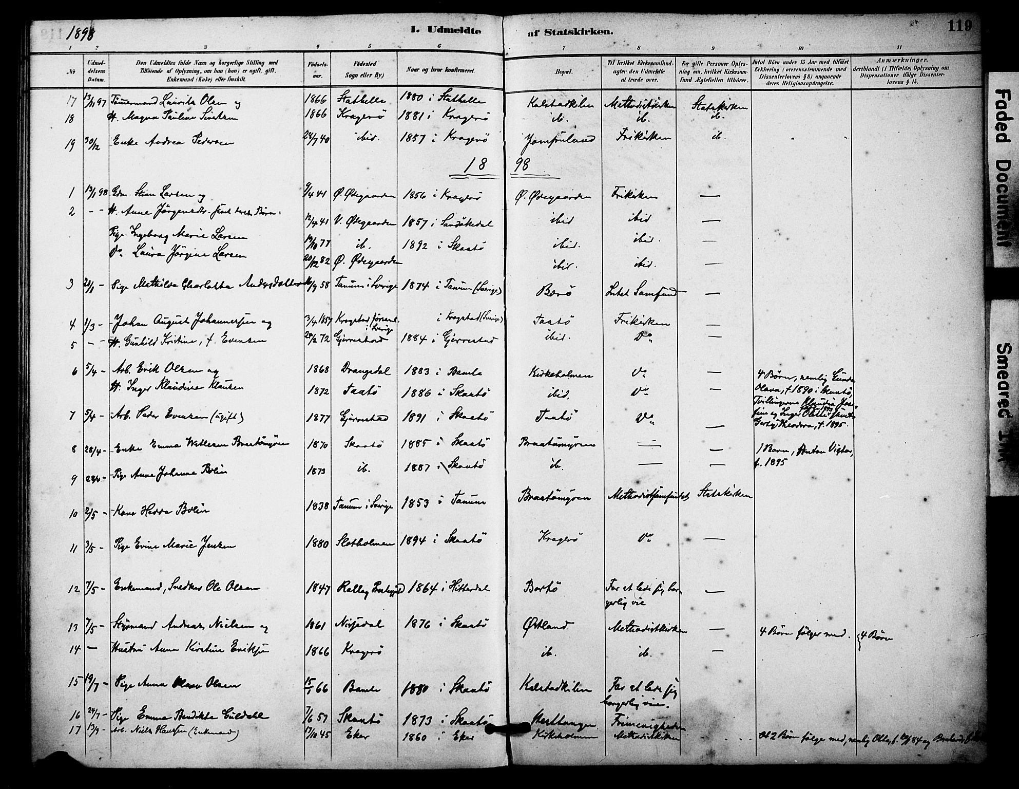 Skåtøy kirkebøker, AV/SAKO-A-304/F/Fa/L0004: Parish register (official) no. I 4, 1884-1900, p. 119