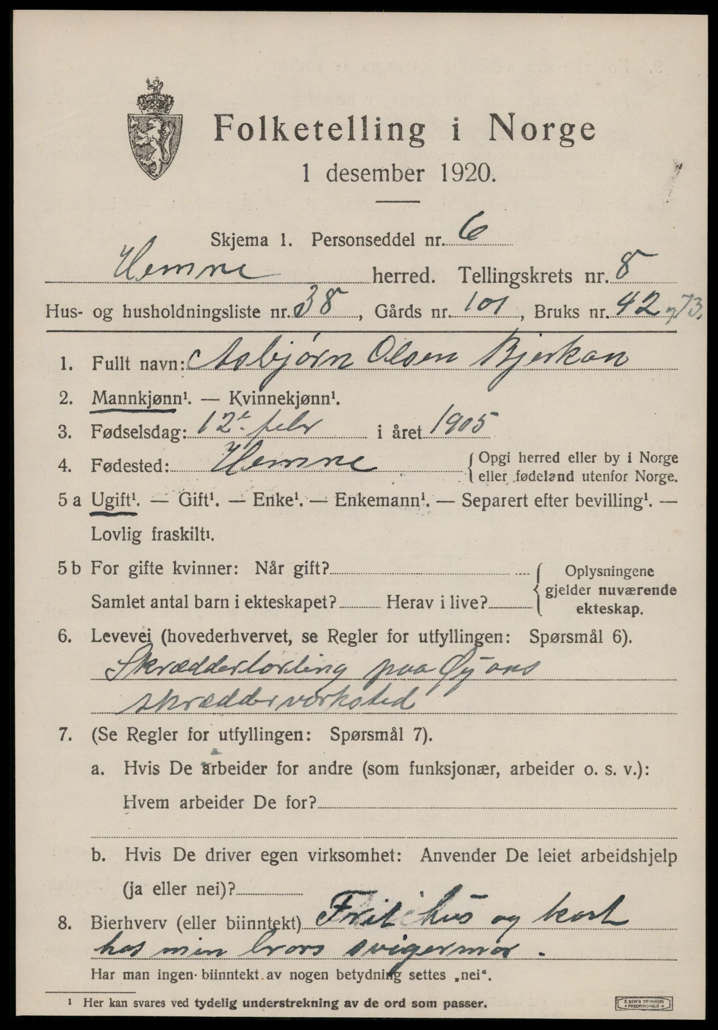 SAT, 1920 census for Hemne, 1920, p. 5196