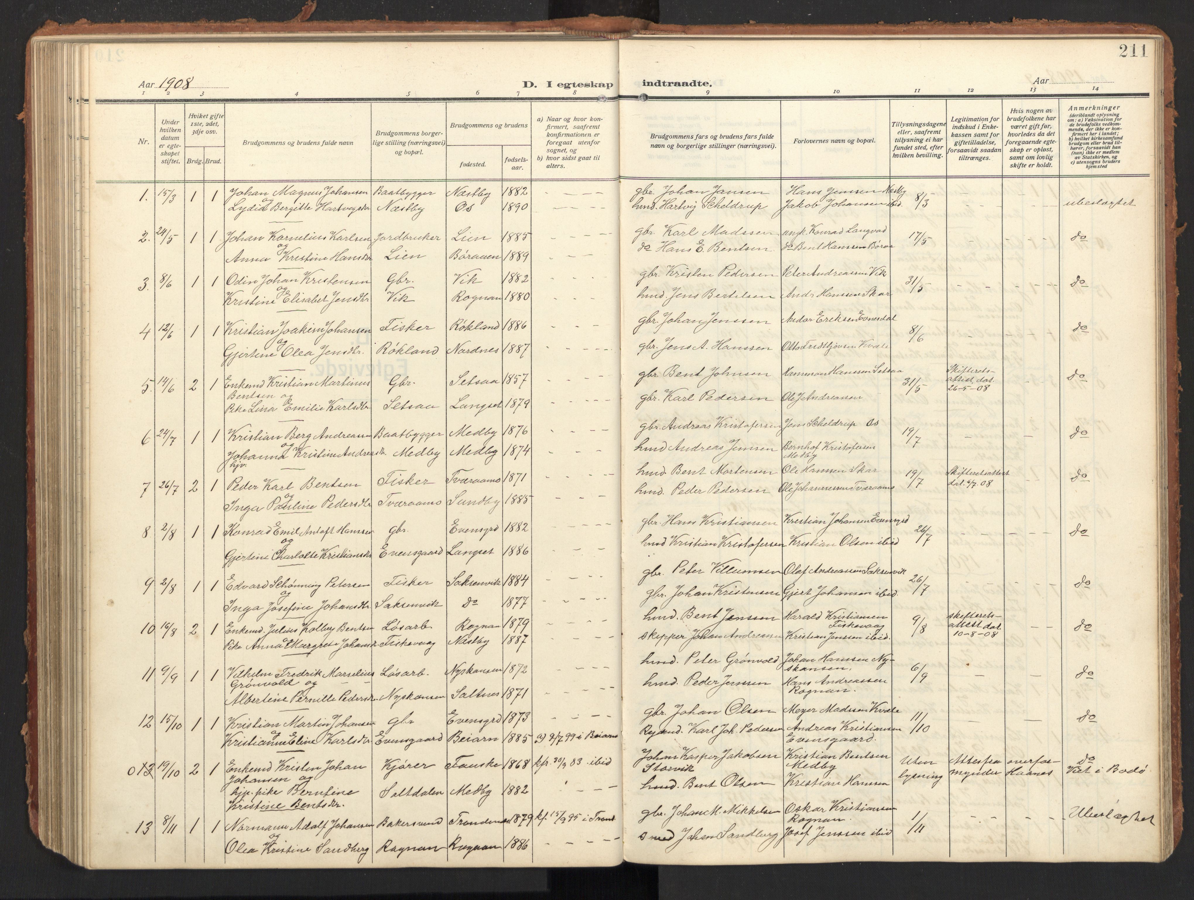 Ministerialprotokoller, klokkerbøker og fødselsregistre - Nordland, AV/SAT-A-1459/847/L0683: Parish register (copy) no. 847C11, 1908-1929, p. 211