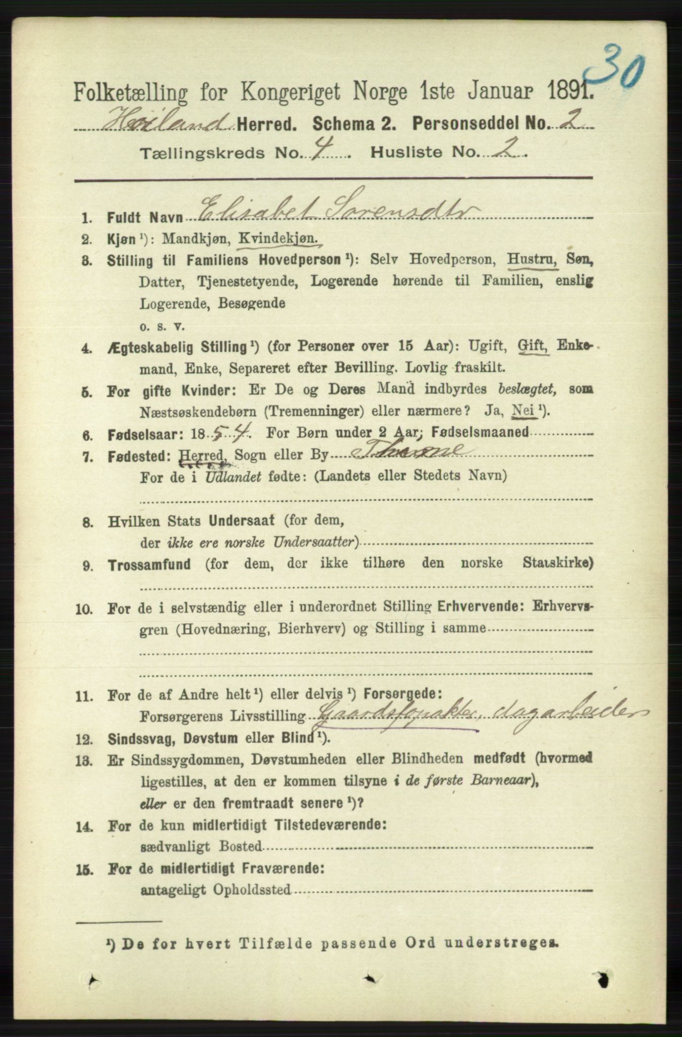 RA, 1891 census for 1123 Høyland, 1891, p. 1036